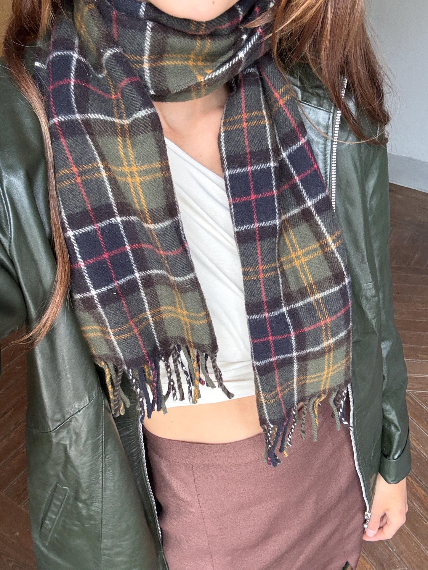 Vintage barbour wool scarf made in scotland – green plaid tartan, soft fringe, classic heritage style