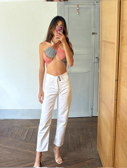Vintage White Denim Jeans, 90s Tapered Fit — fabric close-up
