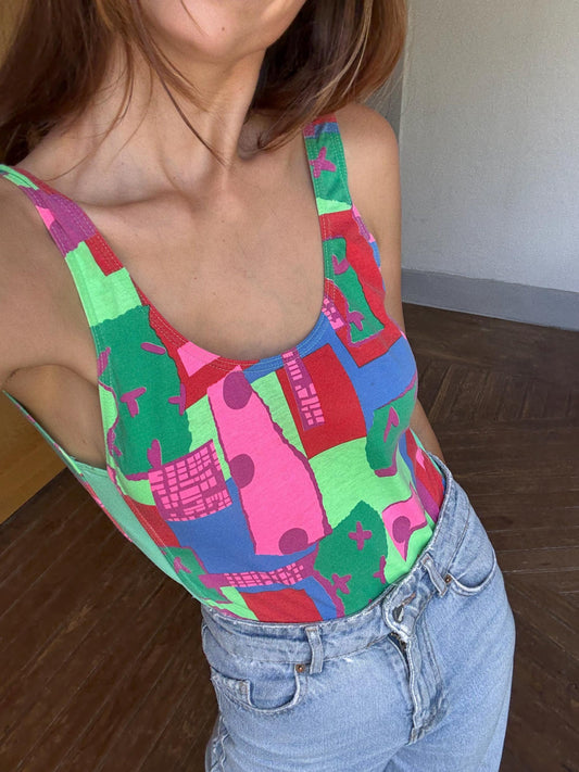 Vintage colorful bodysuit top | 80s/90s retro one piece | y2k high cut body | cotton | size xs | festival summer statement piece