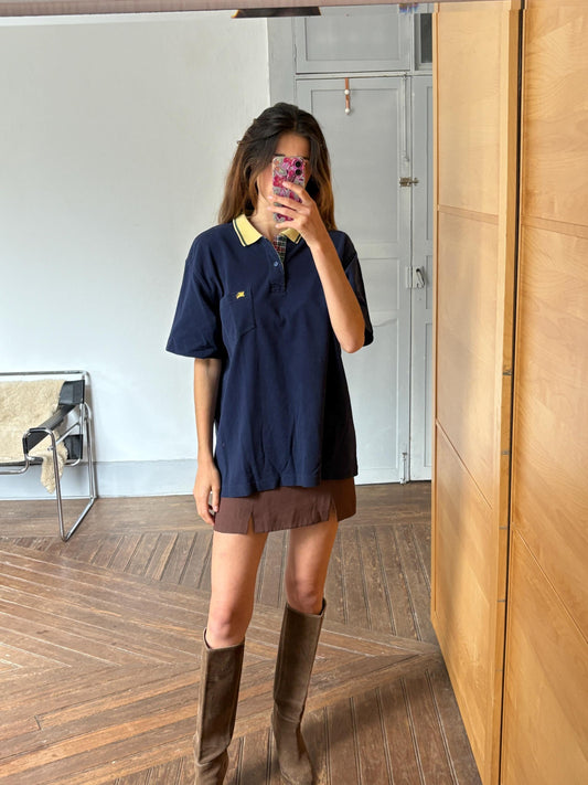 Vintage burberrys of london polo shirt | 90s cotton polo with yellow collar & crest | classic navy check trim | size l