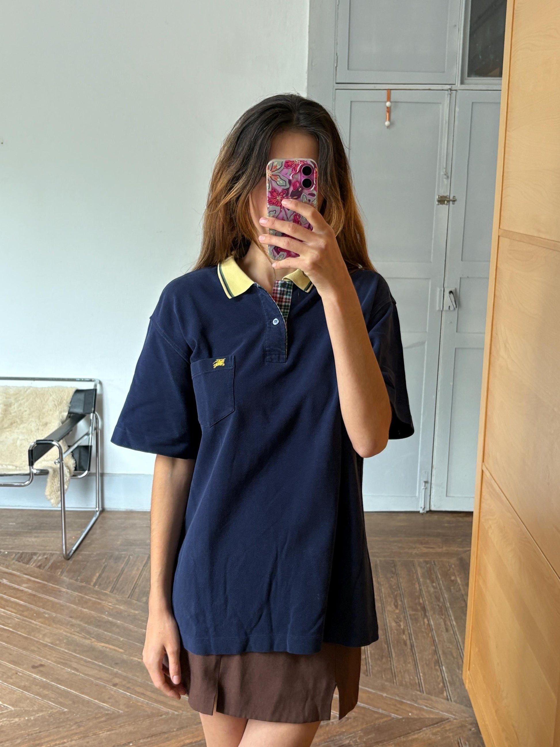 Vintage burberrys of london polo shirt | 90s cotton polo with yellow collar & crest | classic navy check trim | size l