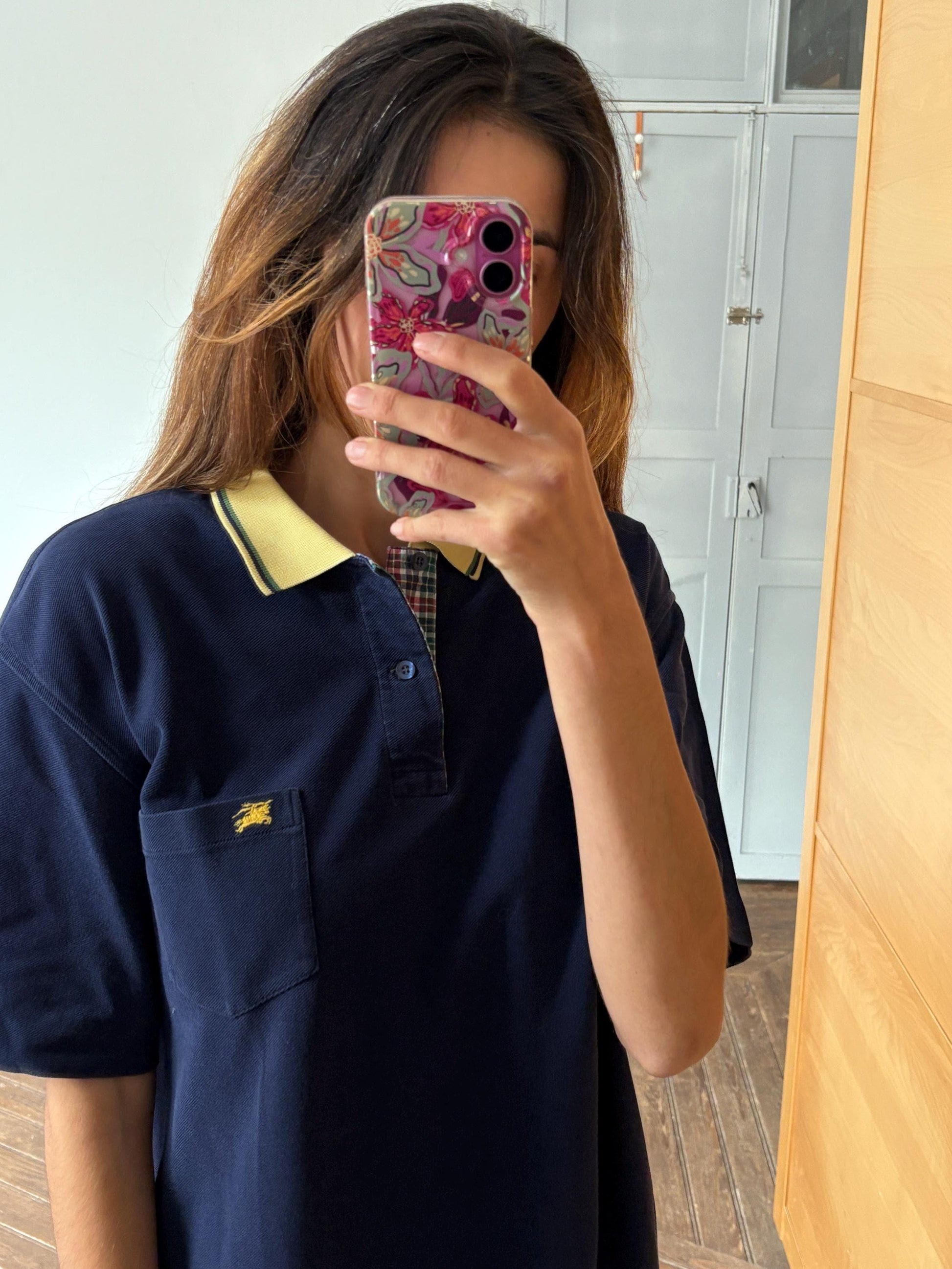 Vintage burberrys of london polo shirt | 90s cotton polo with yellow collar & crest | classic navy check trim | size l