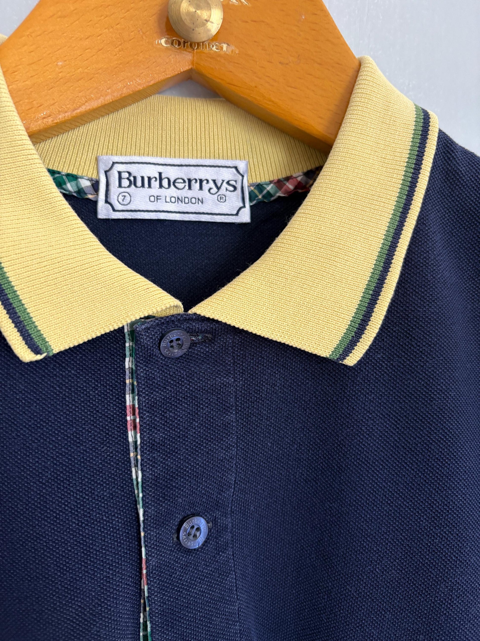 Vintage burberrys of london polo shirt | 90s cotton polo with yellow collar & crest | classic navy check trim | size l