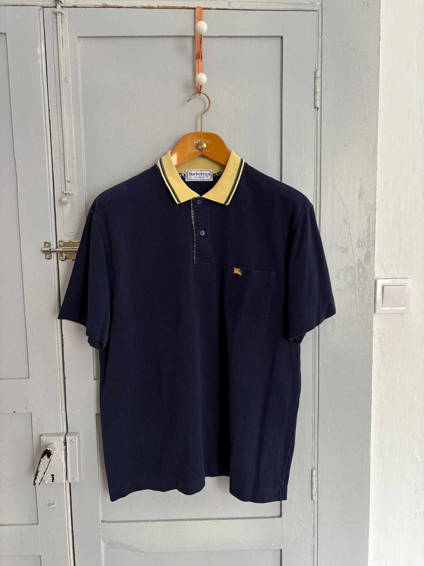 Vintage burberrys of london polo shirt | 90s cotton polo with yellow collar & crest | classic navy check trim | size l