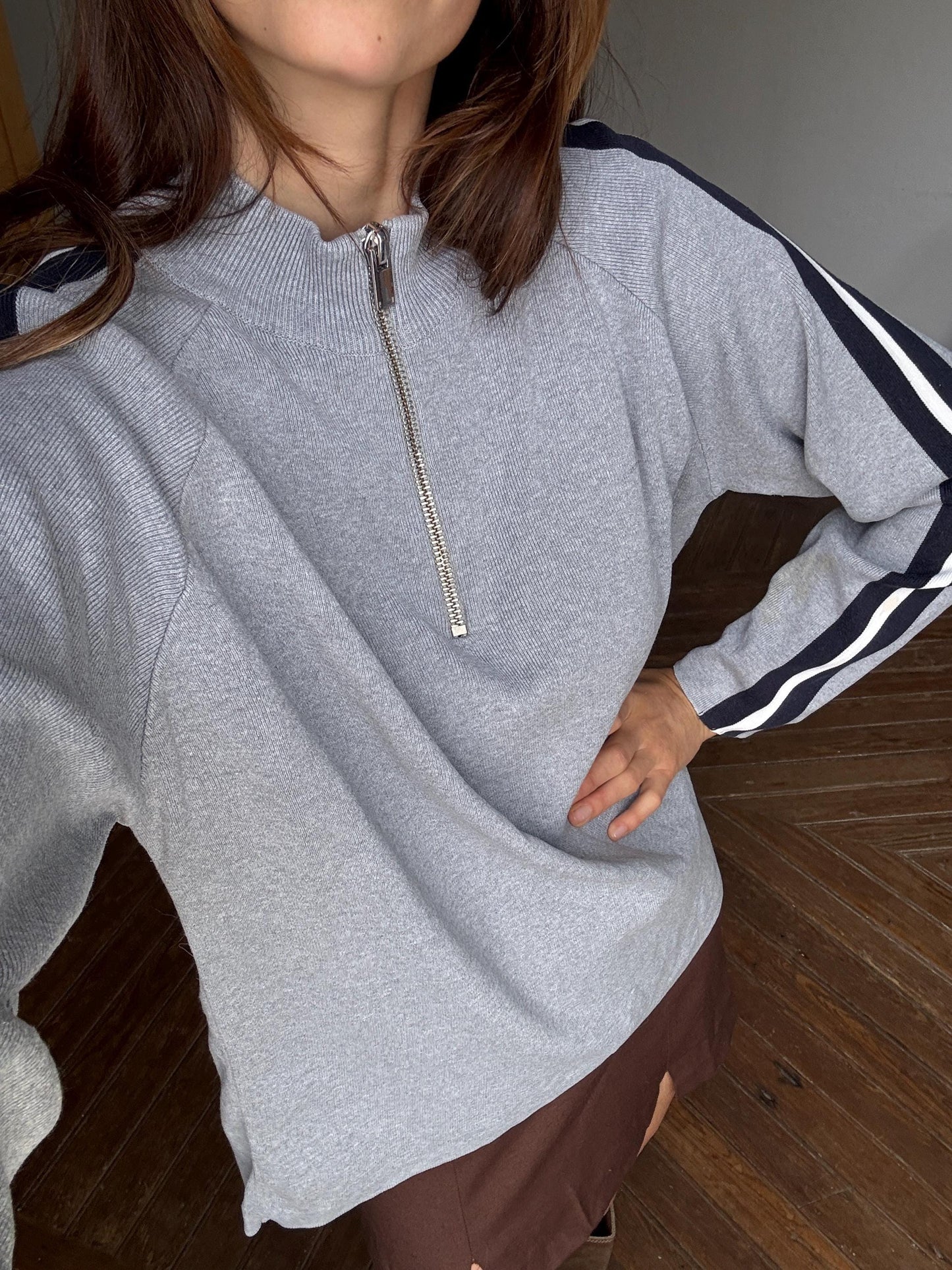 Vintage adolfo dominguez quarter-zip jumper | sporty grey knit pullover | minimalist striped sleeve sweatshirt | size m-l