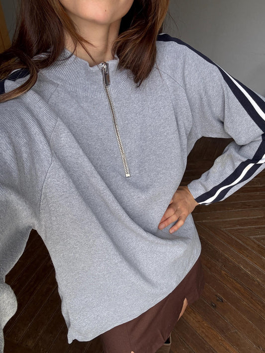 Vintage adolfo dominguez quarter-zip jumper | sporty grey knit pullover | minimalist striped sleeve sweatshirt | size m-l