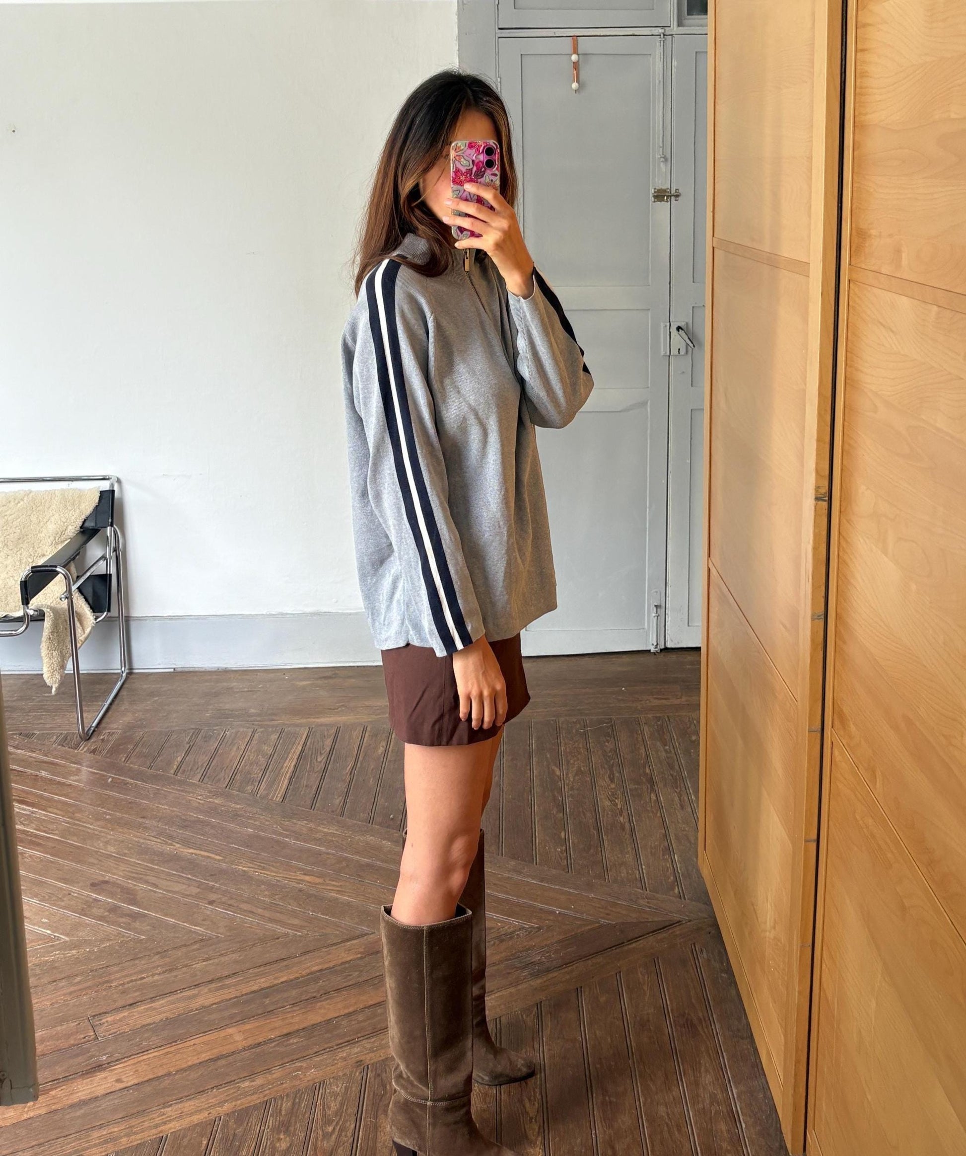 Vintage adolfo dominguez quarter-zip jumper | sporty grey knit pullover | minimalist striped sleeve sweatshirt | size m-l