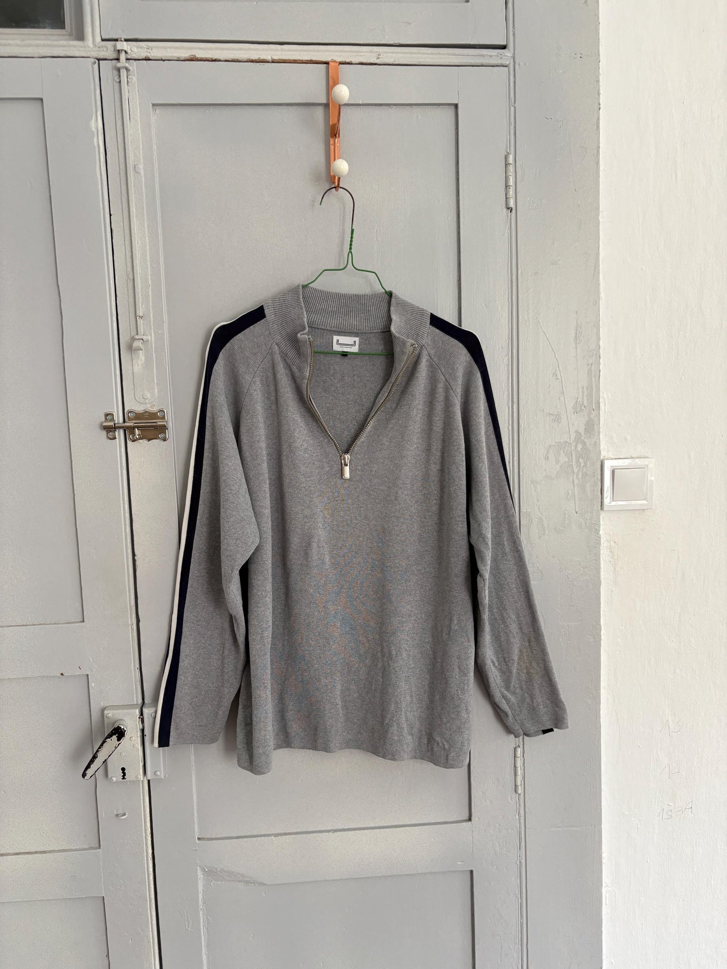 Vintage adolfo dominguez quarter-zip jumper | sporty grey knit pullover | minimalist striped sleeve sweatshirt | size m-l