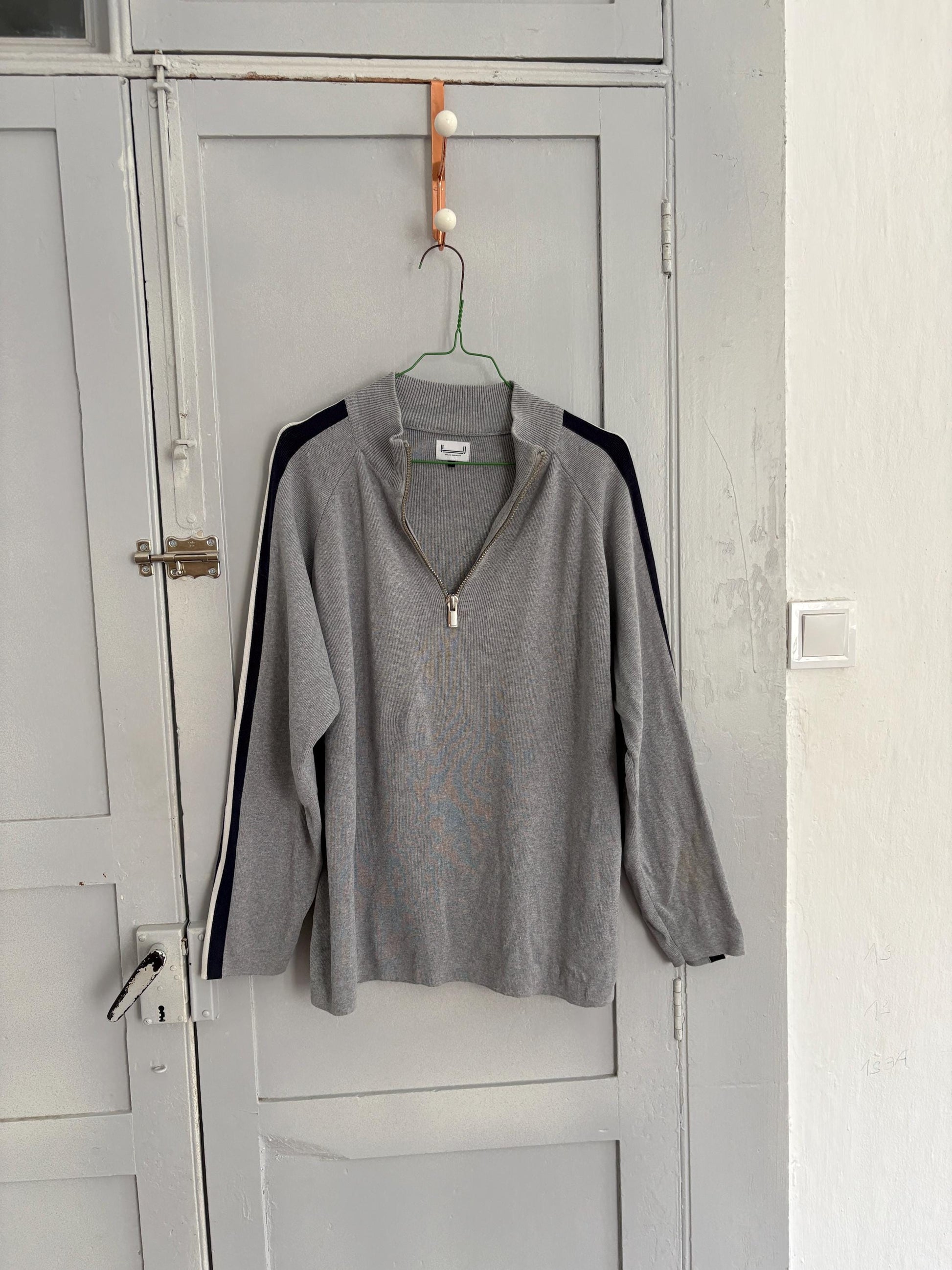 Vintage adolfo dominguez quarter-zip jumper | sporty grey knit pullover | minimalist striped sleeve sweatshirt | size m-l