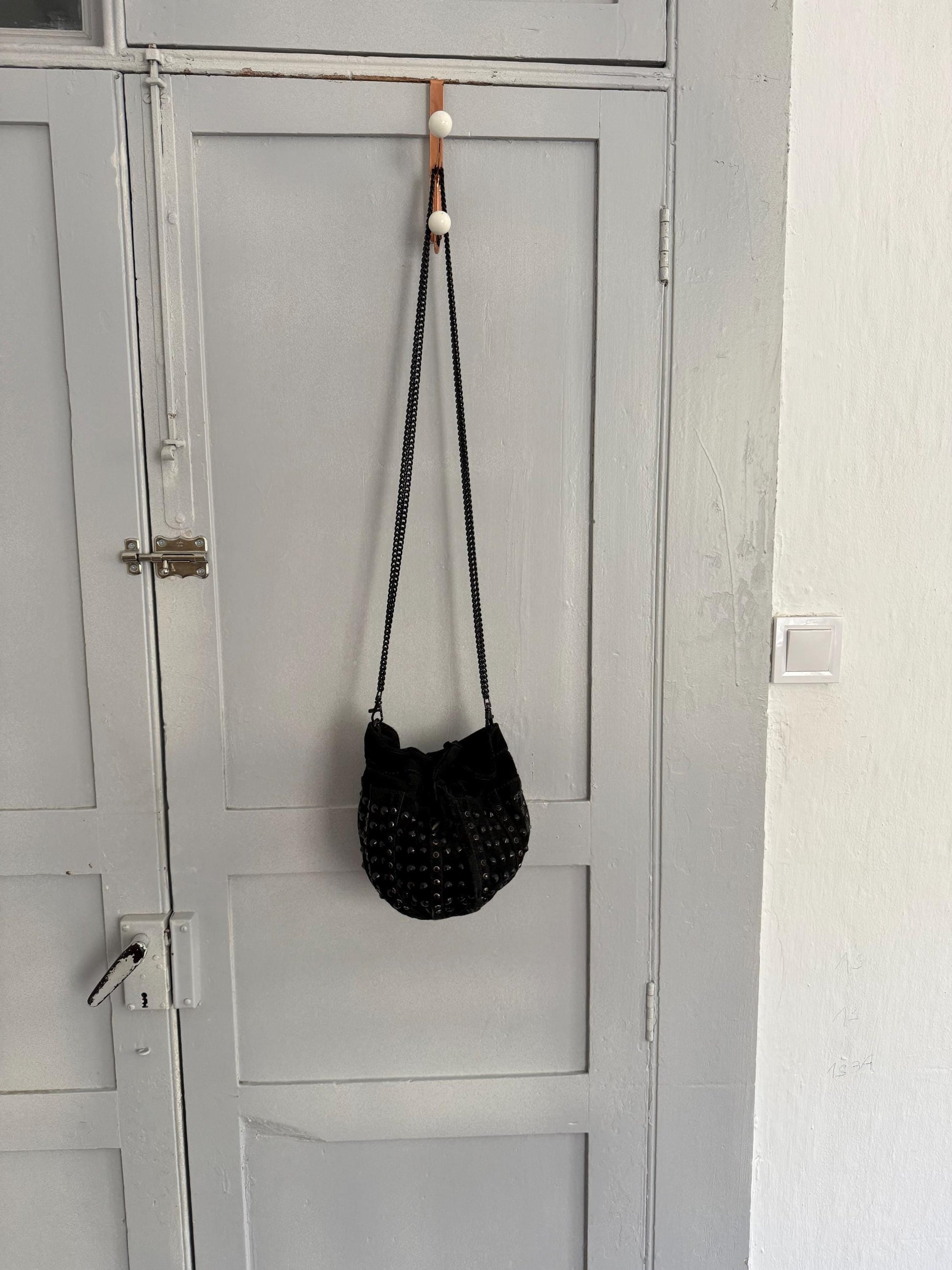 Vintage suede studded shoulder bag | coachella outfit, small crossbody genuine leather purse | rocker festival bag with long chain strap |