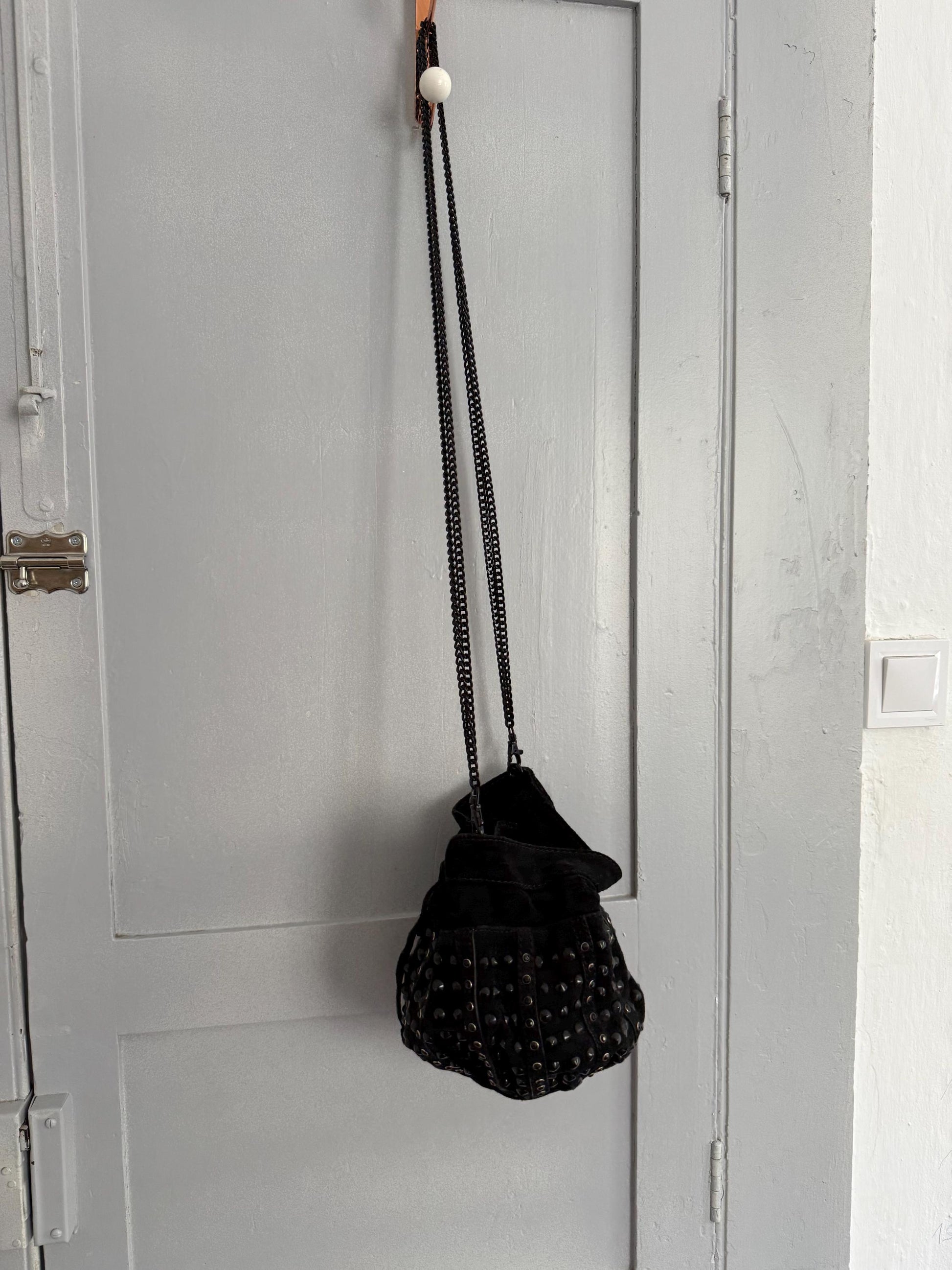 Vintage suede studded shoulder bag | coachella outfit, small crossbody genuine leather purse | rocker festival bag with long chain strap |