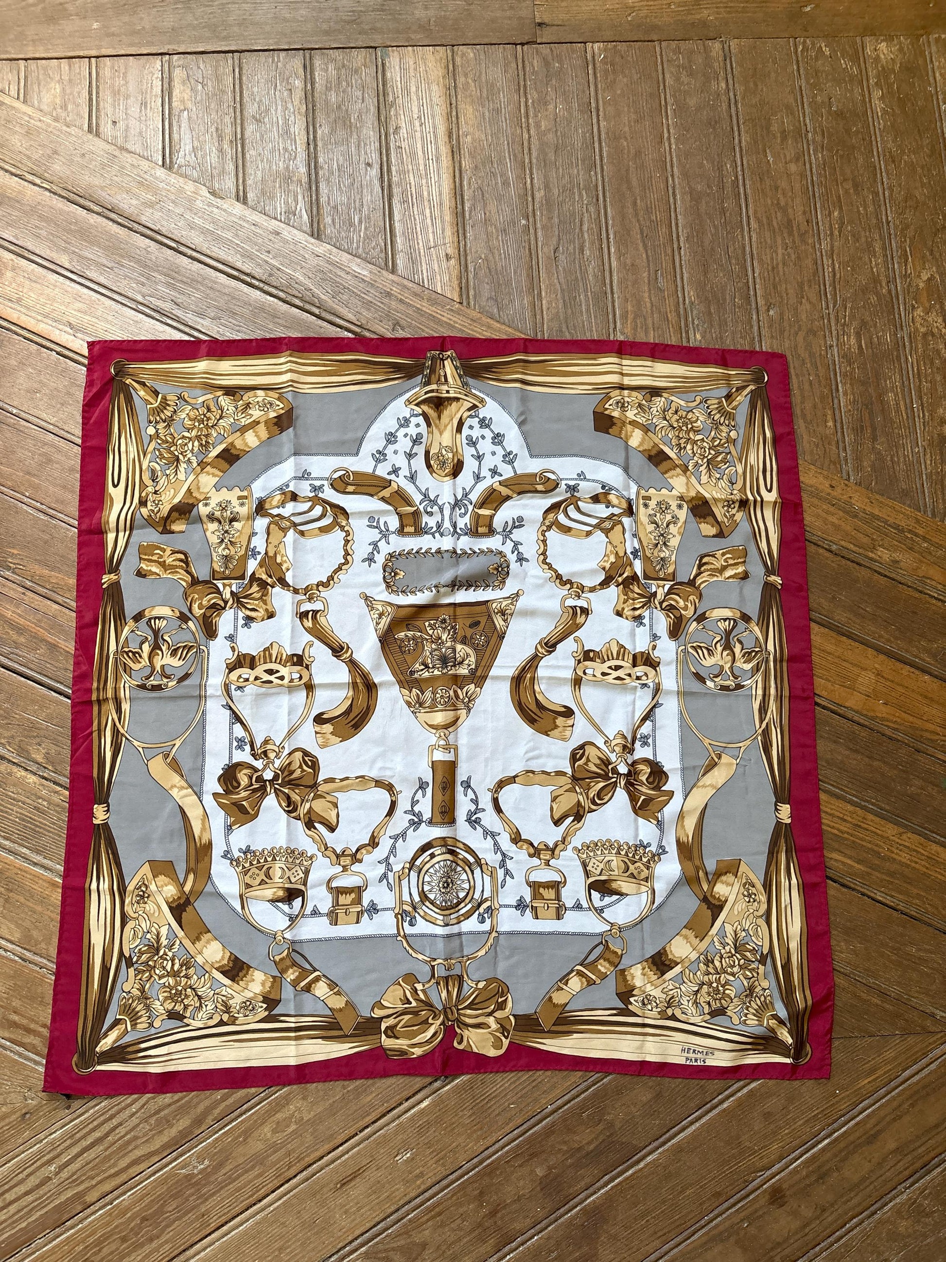 Vintage hermès silk scarf | 100% silk square foulard | bold gold baroque print | made in france | classic french designer scarf 86x86 cm