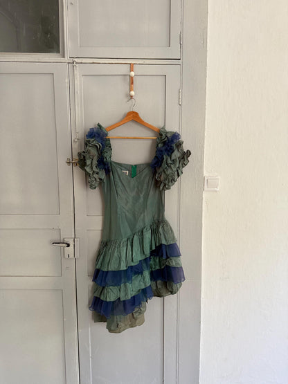 Vintage flamenco dress handmade in england – ruffled sleeves – avant-garde party dress, traditional short flamenco dress, size s