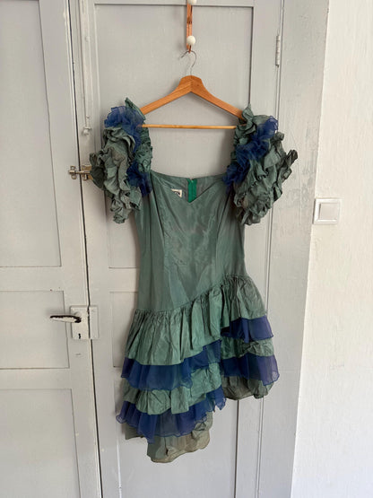 Vintage flamenco dress handmade in england – ruffled sleeves – avant-garde party dress, traditional short flamenco dress, size s
