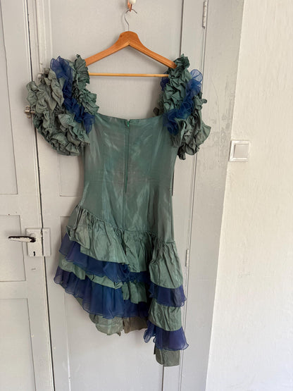 Vintage flamenco dress handmade in england – ruffled sleeves – avant-garde party dress, traditional short flamenco dress, size s