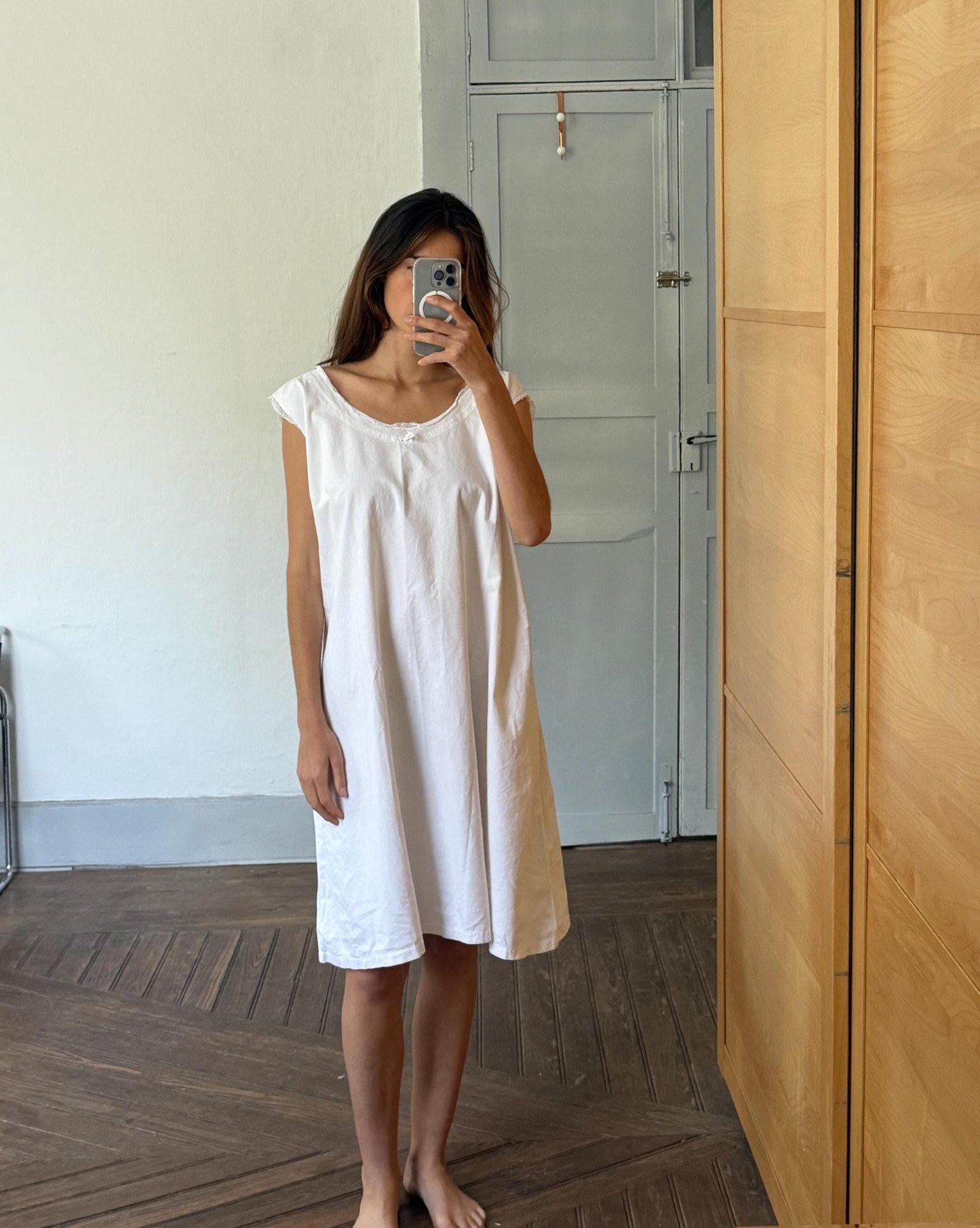 Vintage french antiwue linen slip dress, romantic nightgown, white cottage core nightie , feminine nightwear, one size