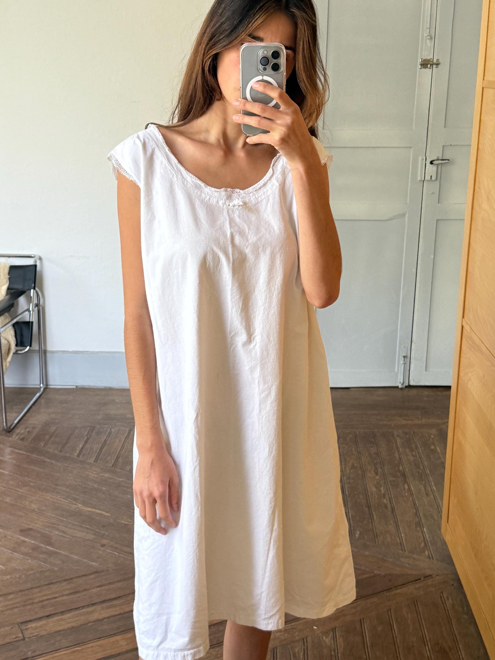 Vintage french antique linen slip dress, romantic nightgown, white cottage core nightie , feminine nightwear, one size