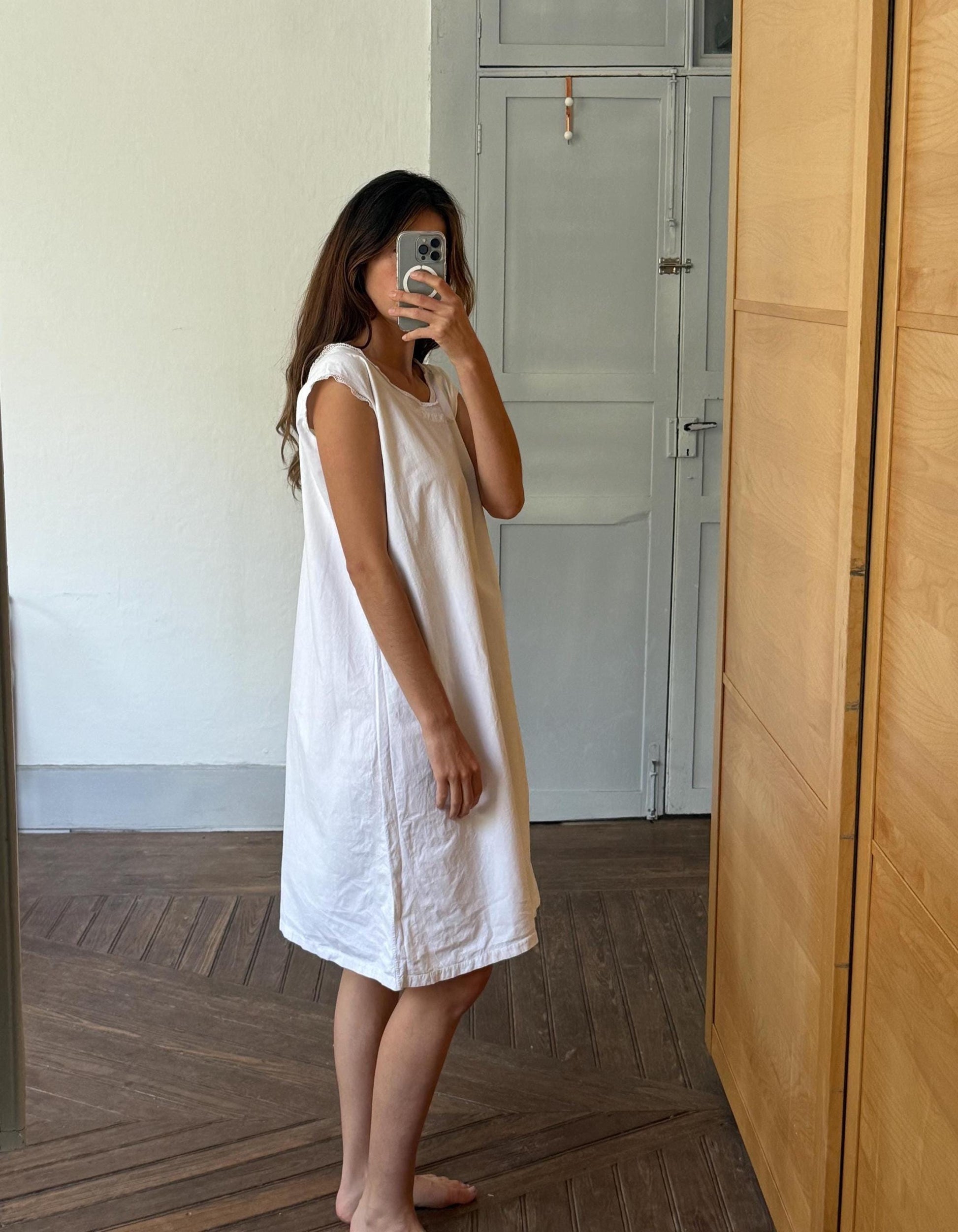 Vintage french antique linen slip dress, romantic nightgown, white cottage core nightie , feminine nightwear, one size