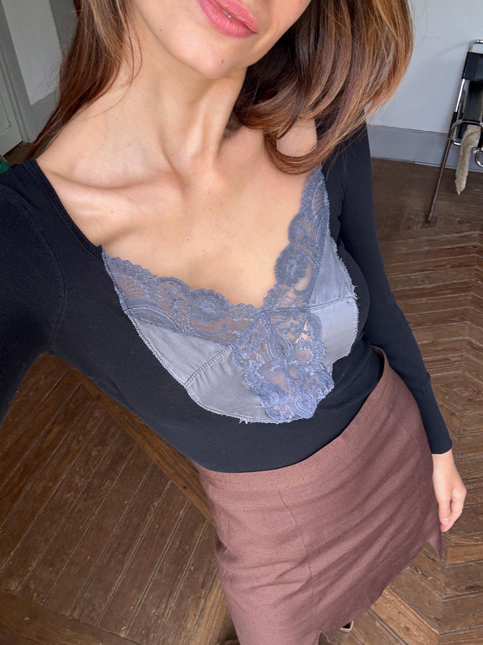 Vintage patrizia pepe firenze long sleeve woman shirt, luxury long sleeves feminine black lace top romantic style, size s