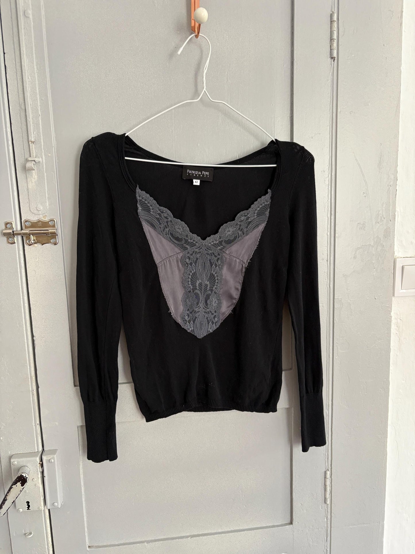 Vintage patrizia pepe firenze long sleeve woman shirt, luxury long sleeves feminine black lace top romantic style, size s