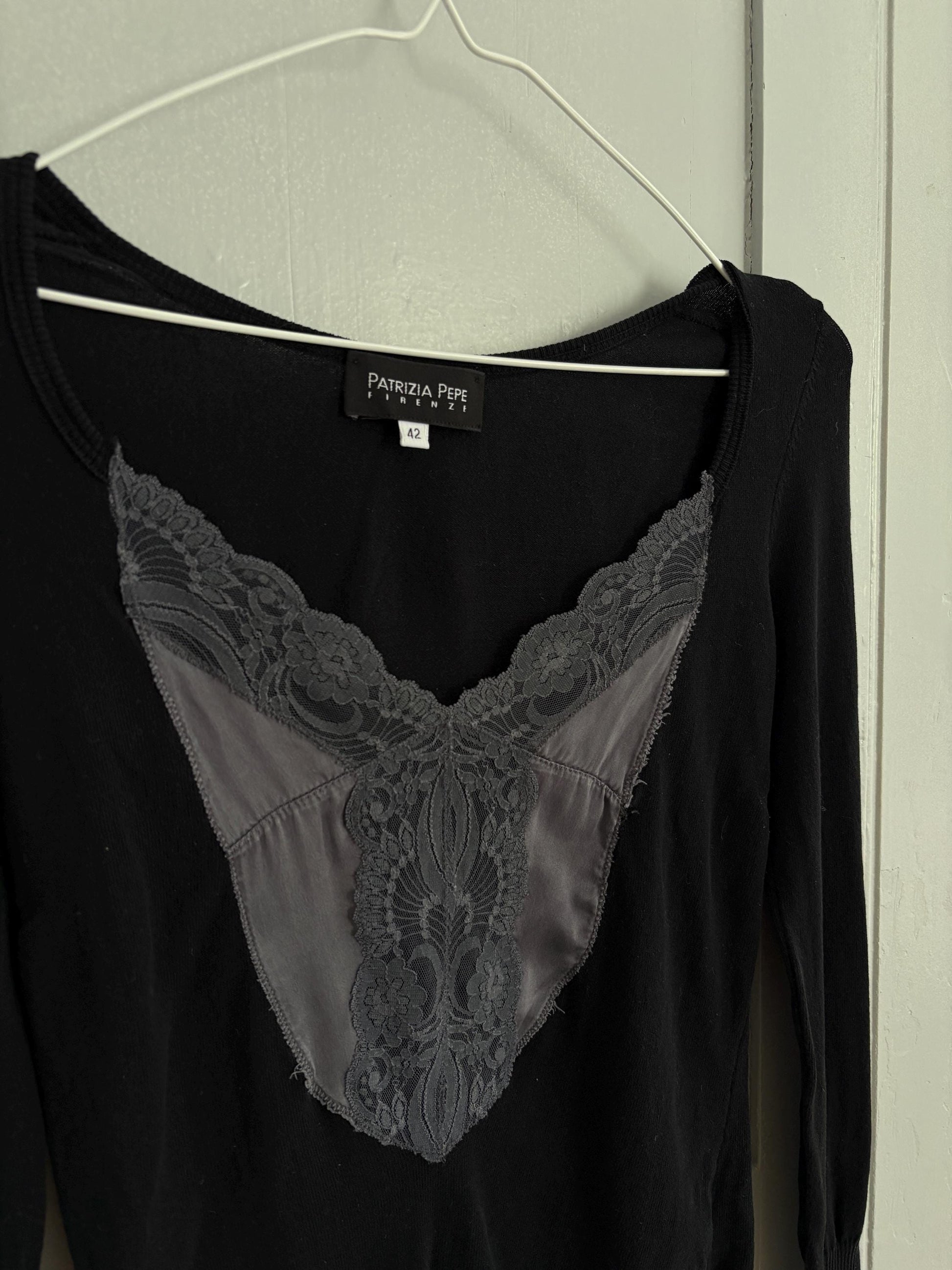 Vintage patrizia pepe firenze long sleeve woman shirt, luxury long sleeves feminine black lace top romantic style, size s