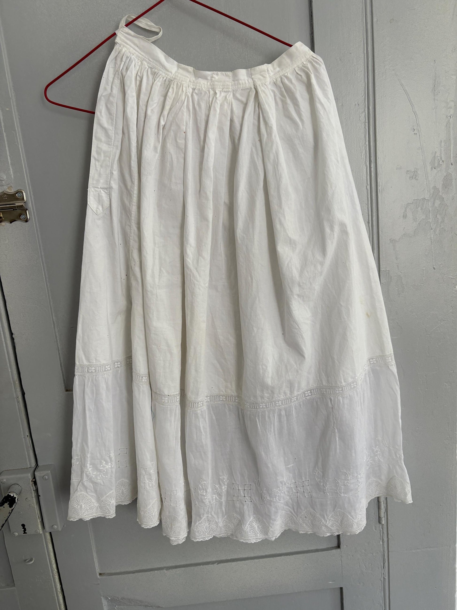 Antique spanish skirt, handmade cotton petticoat vintage white underskirt with embroidery, cottagecore romantic lace hem midi skirt