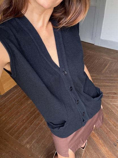 Vintage Navy Blue Cashmere Blend Gilet — back view