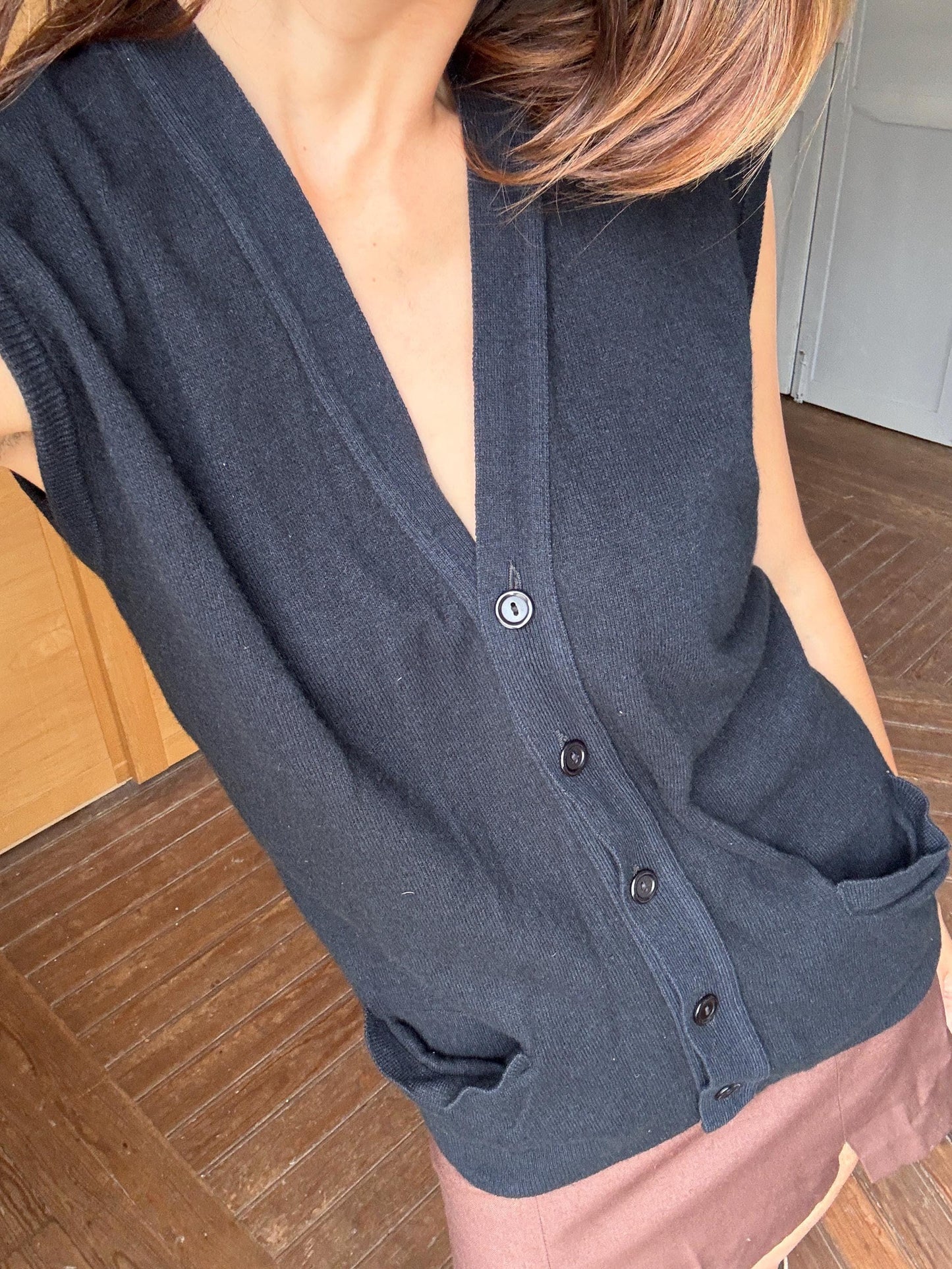 Cashmere blend waistcoat, dark academia aesthetic luxury winter gilet, vintage navy blue gilet, minimalist work top, size s