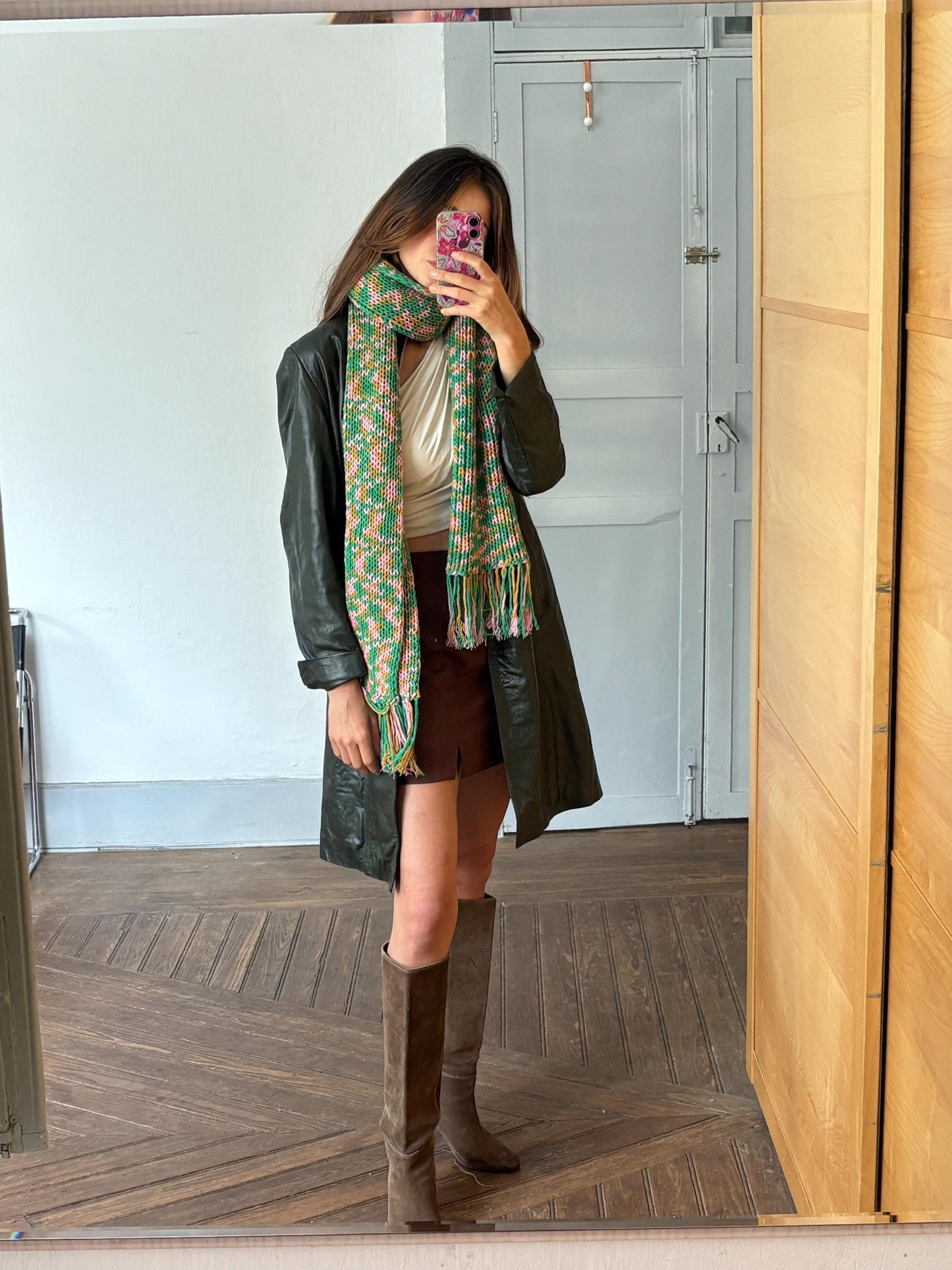 Vintage scarf, fun playful colourful knit wear, long green and pink fringe winter shawl, pop of colour wrap