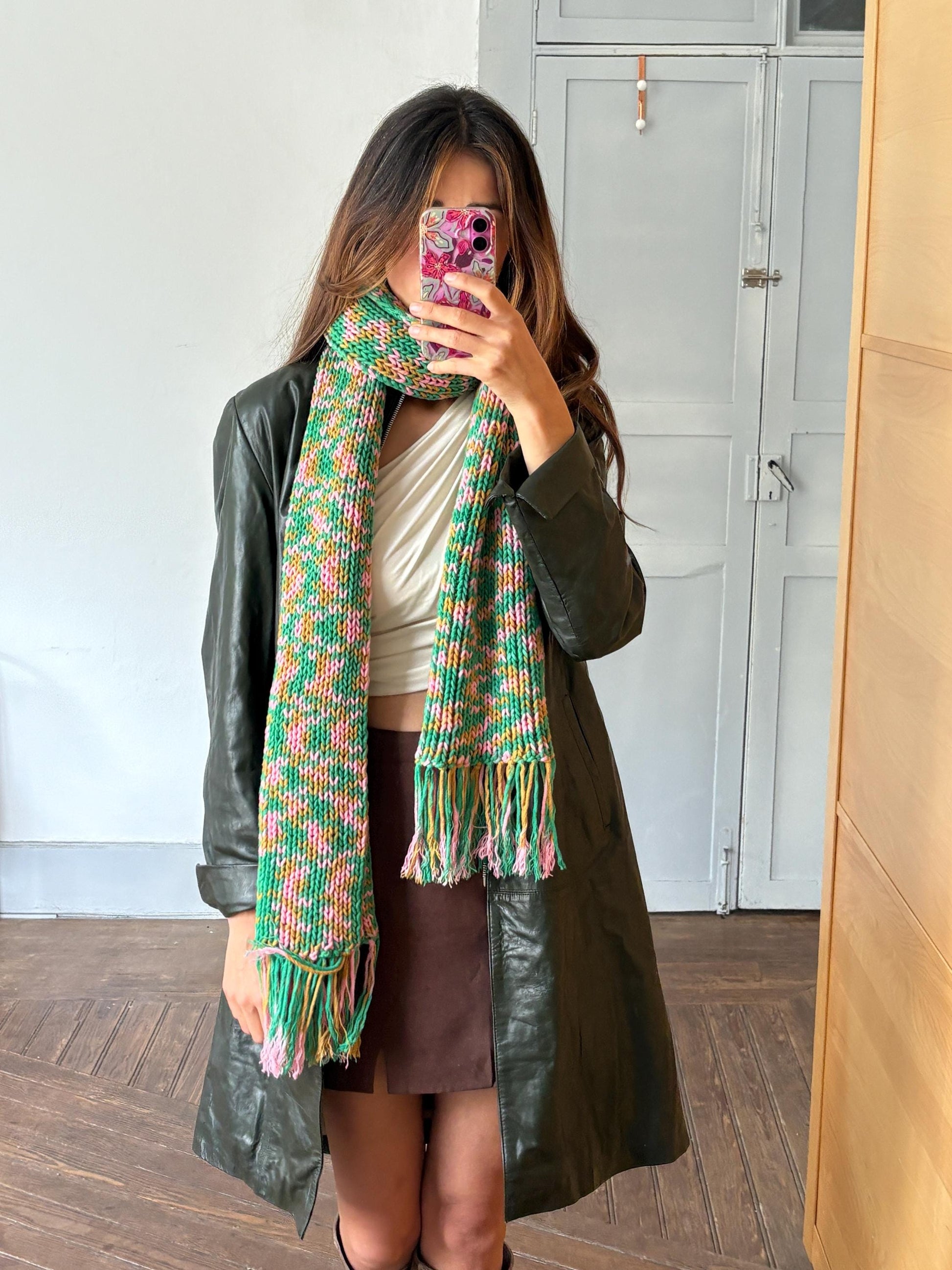 Vintage scarf, fun playful colourful knit wear, long green and pink fringe winter shawl, pop of colour wrap