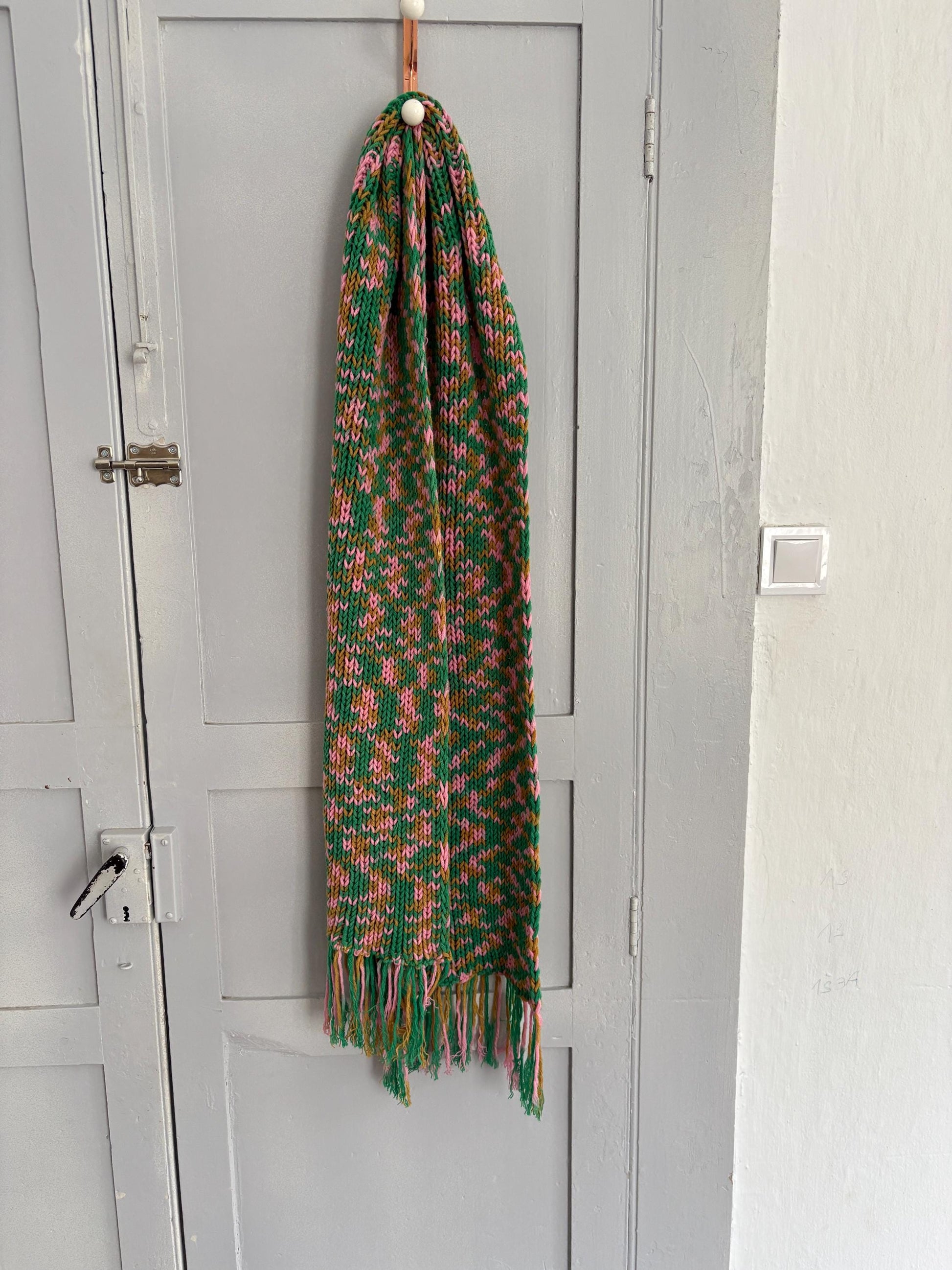 Vintage scarf, fun playful colourful knit wear, long green and pink fringe winter shawl, pop of colour wrap
