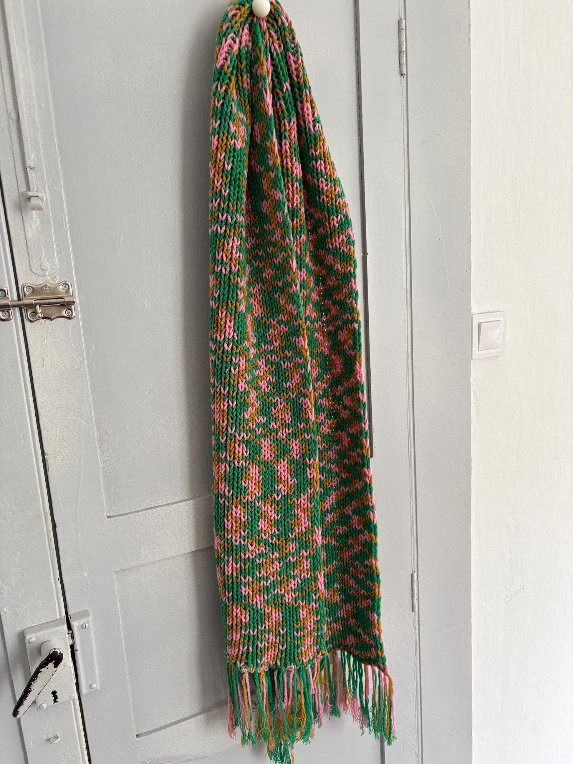 Vintage scarf, fun playful colourful knit wear, long green and pink fringe winter shawl, pop of colour wrap