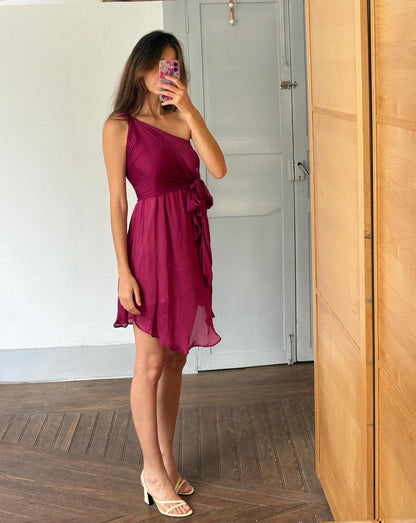 Silk One-Shoulder Dress in Deep Raspberry — detail