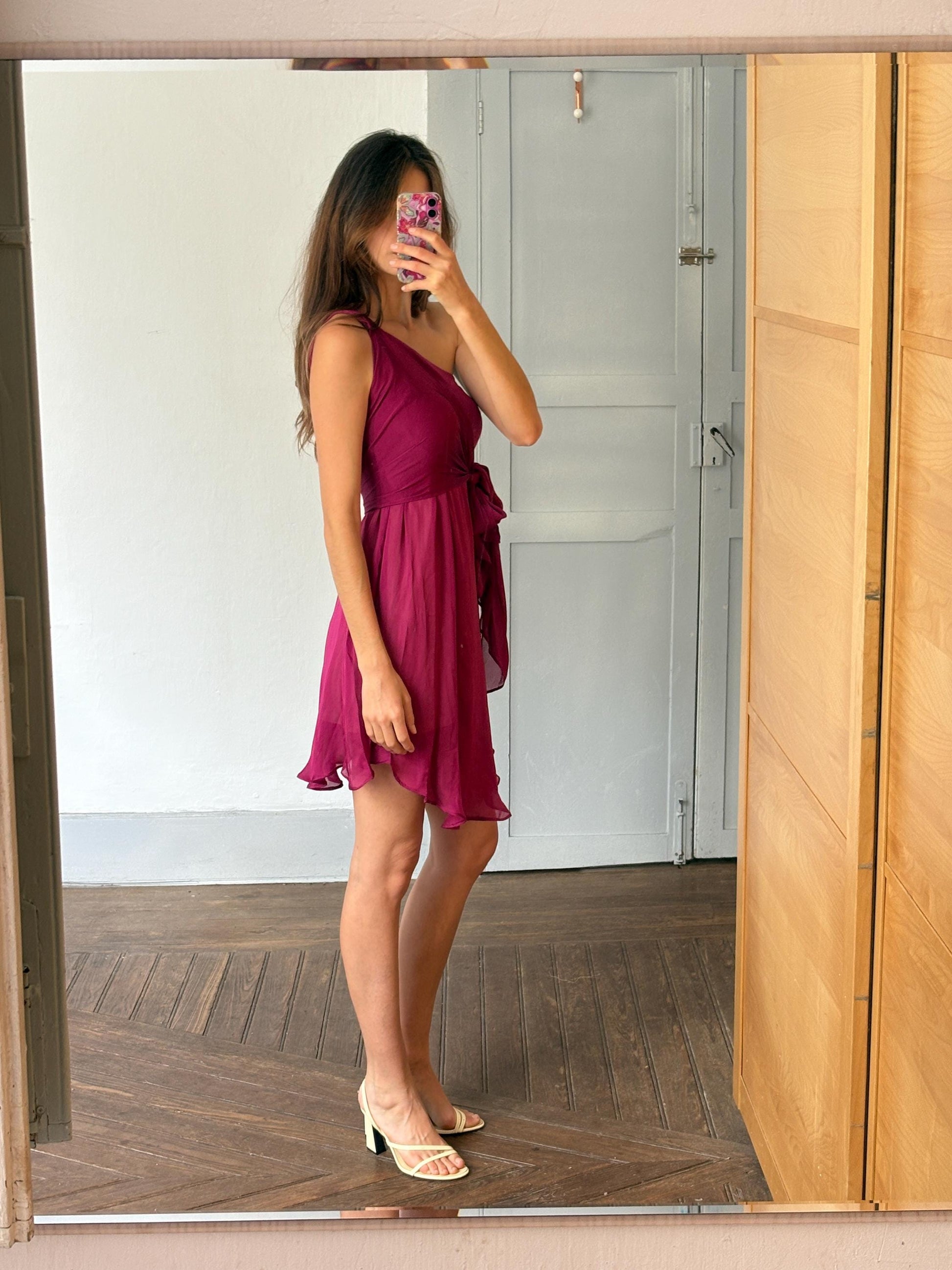 Vintage tara jarmon 100% silk dress in deep raspberry pink – elegant one shoulder – size s – romantic cocktail dress