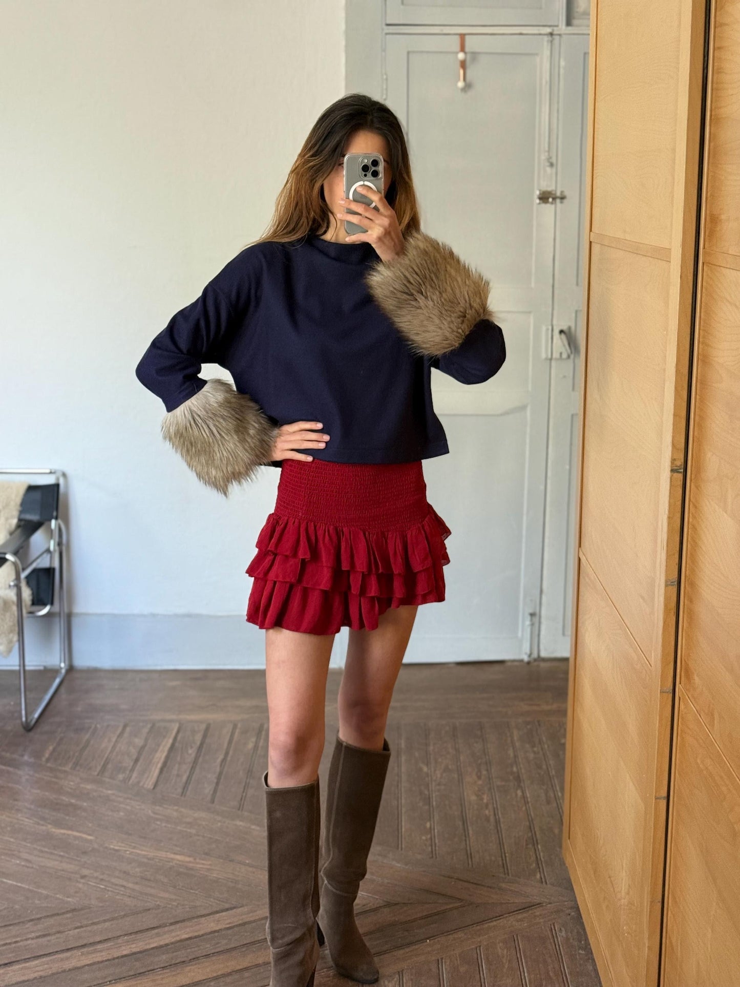 Vintage navy blue pullover, wool jumper luxe cropped sweater with faux fur sleeves