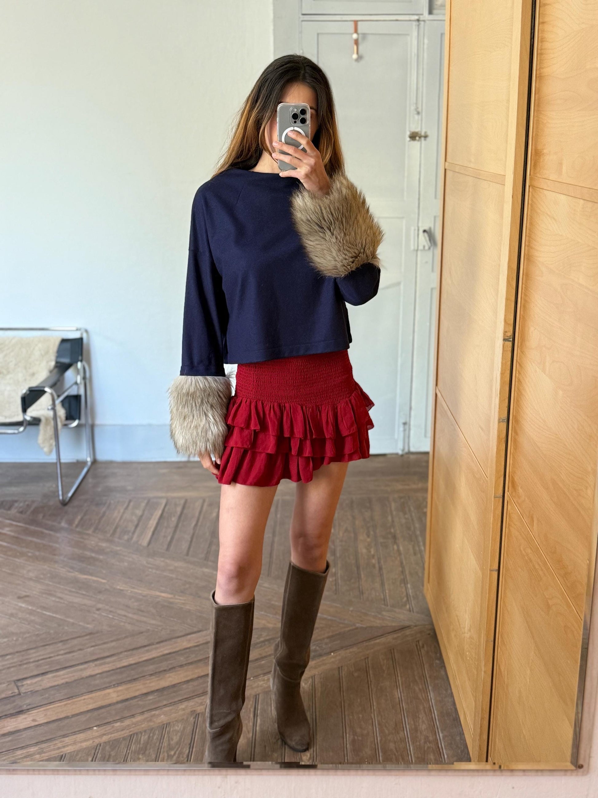 Vintage navy blue pullover, wool jumper luxe cropped sweater with faux fur sleeves