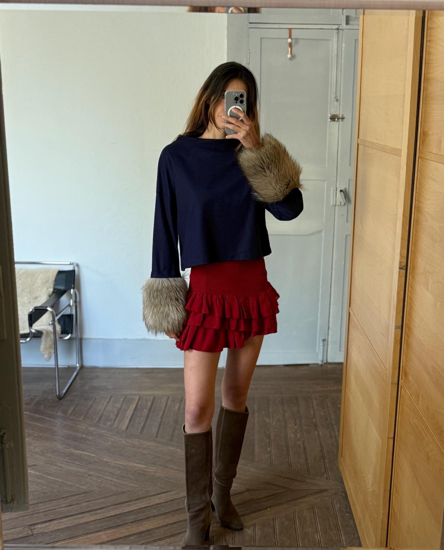 Vintage navy blue pullover, wool jumper luxe cropped sweater with faux fur sleeves