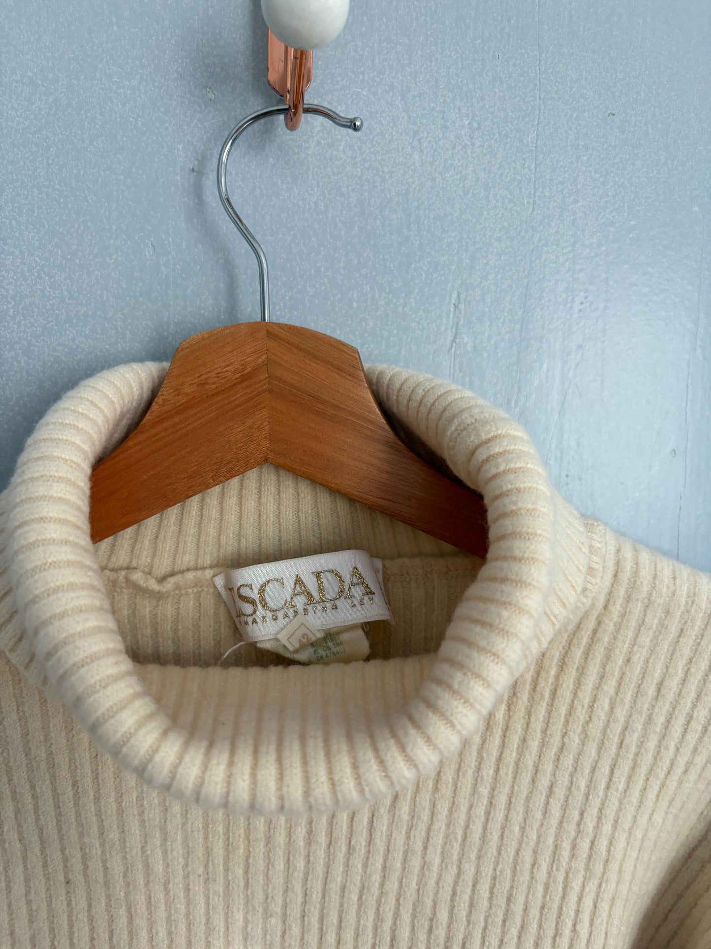 Vintage escada by margaretha ley wool cashmere turtleneck, cream cropped sweater made in germany luxury knitwear, Size XS