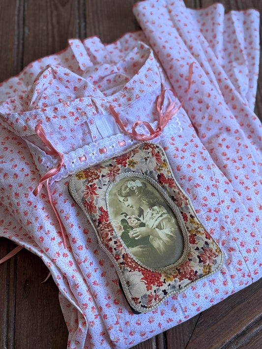 Vintage cottage core dress, romantic nightgown, handmade cotton pink floral lace ribbon trim prairie style nightie, size s