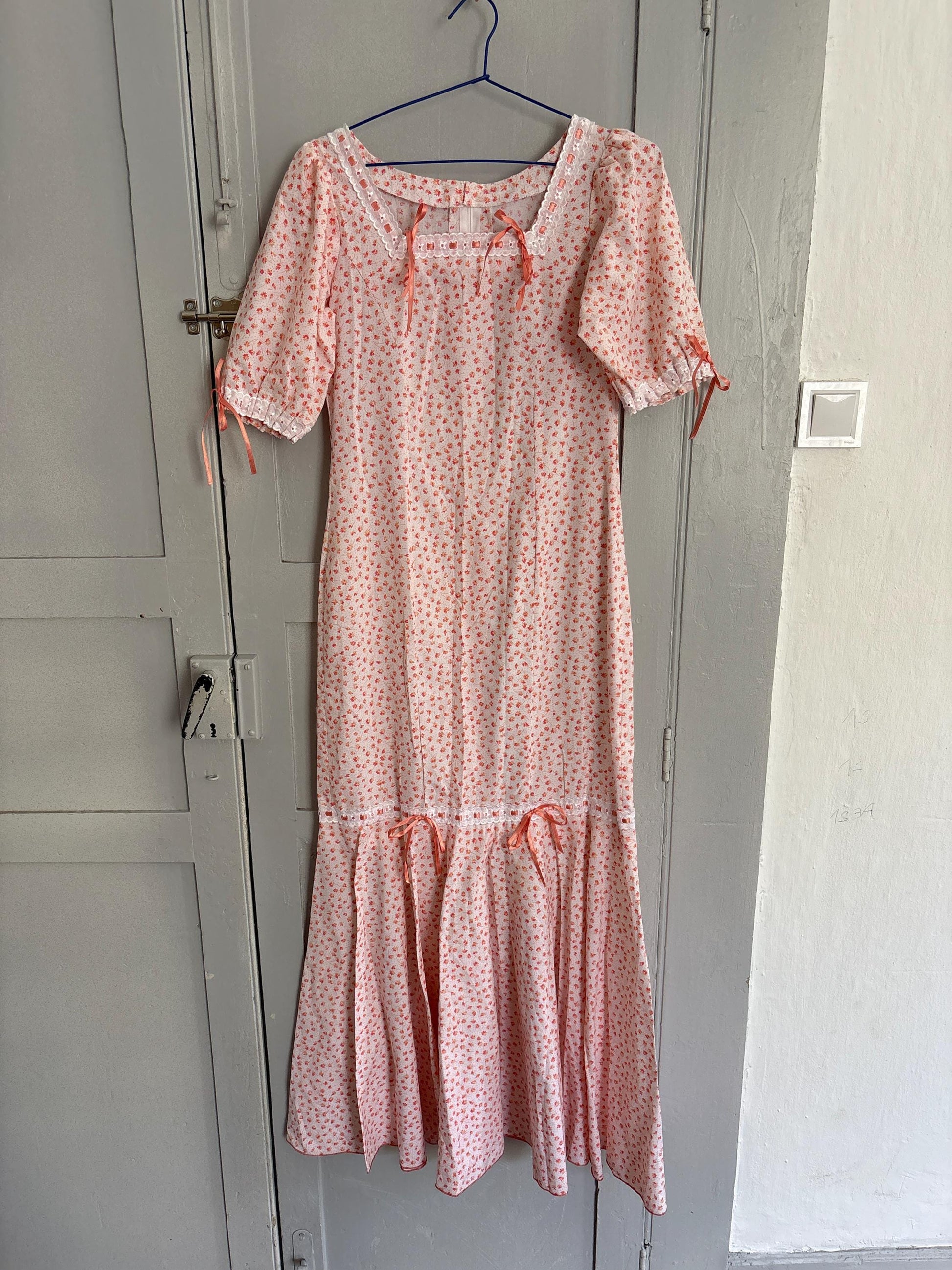 Vintage cottage core dress, romantic nightgown, handmade cotton pink floral lace ribbon trim prairie style nightie, size s