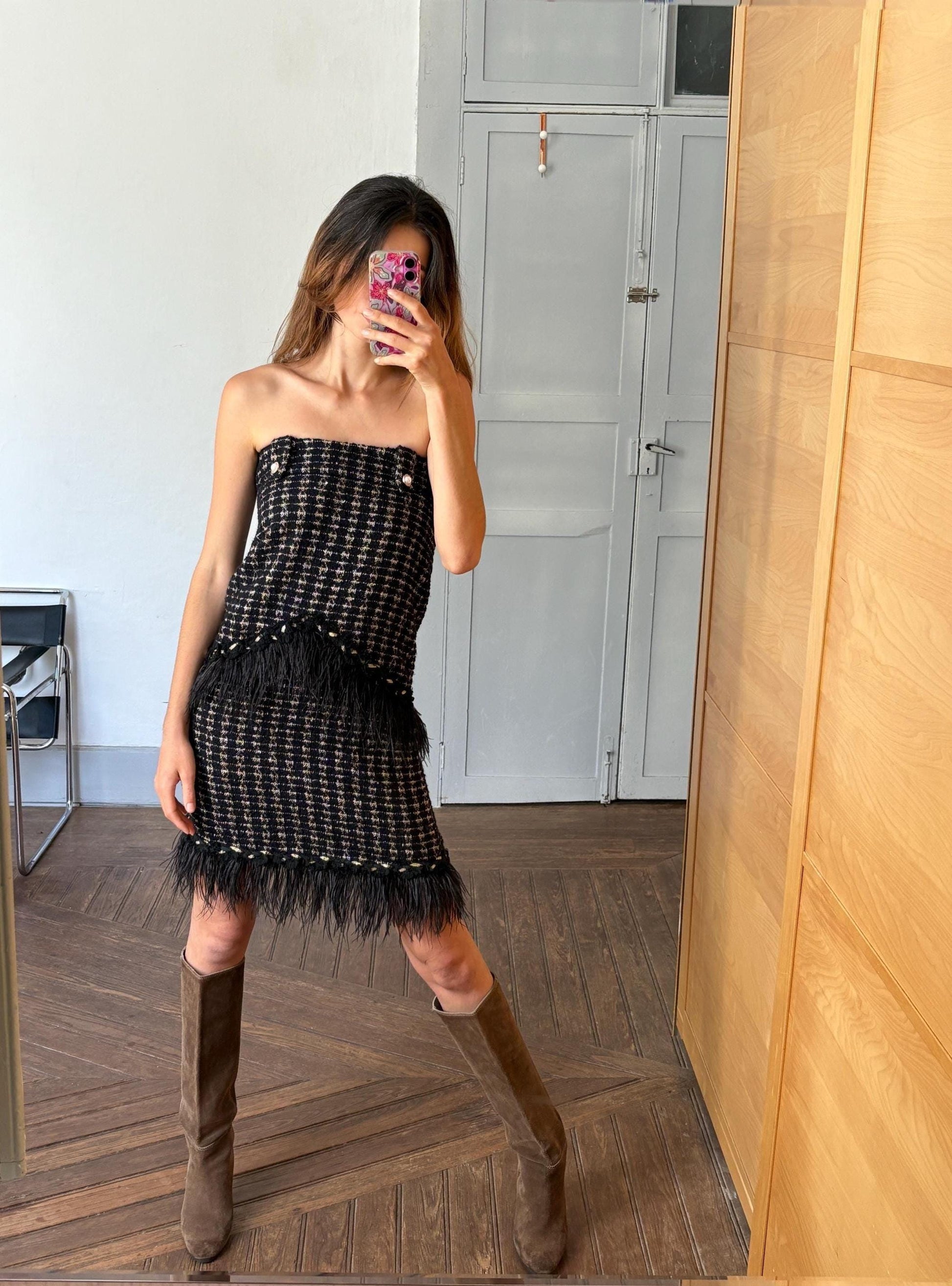 Vintage uterque woman dress with real feathers, wool blend winter dress, french parisian style clothing, luxe midi dress, size s