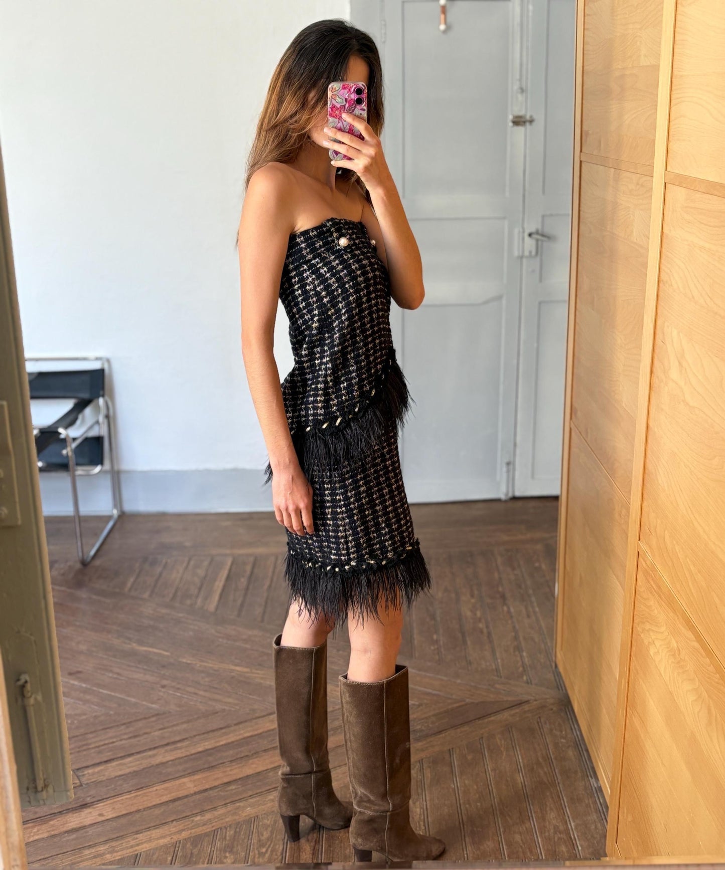 Vintage uterque woman dress with real feathers, wool blend winter dress, french parisian style clothing, luxe midi dress, size s