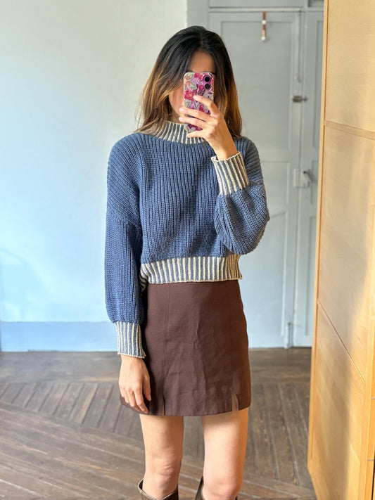 Vintage blue glitter turtleneck cropped jumper – made in italy, sparkly aesthetic knit, est. size l