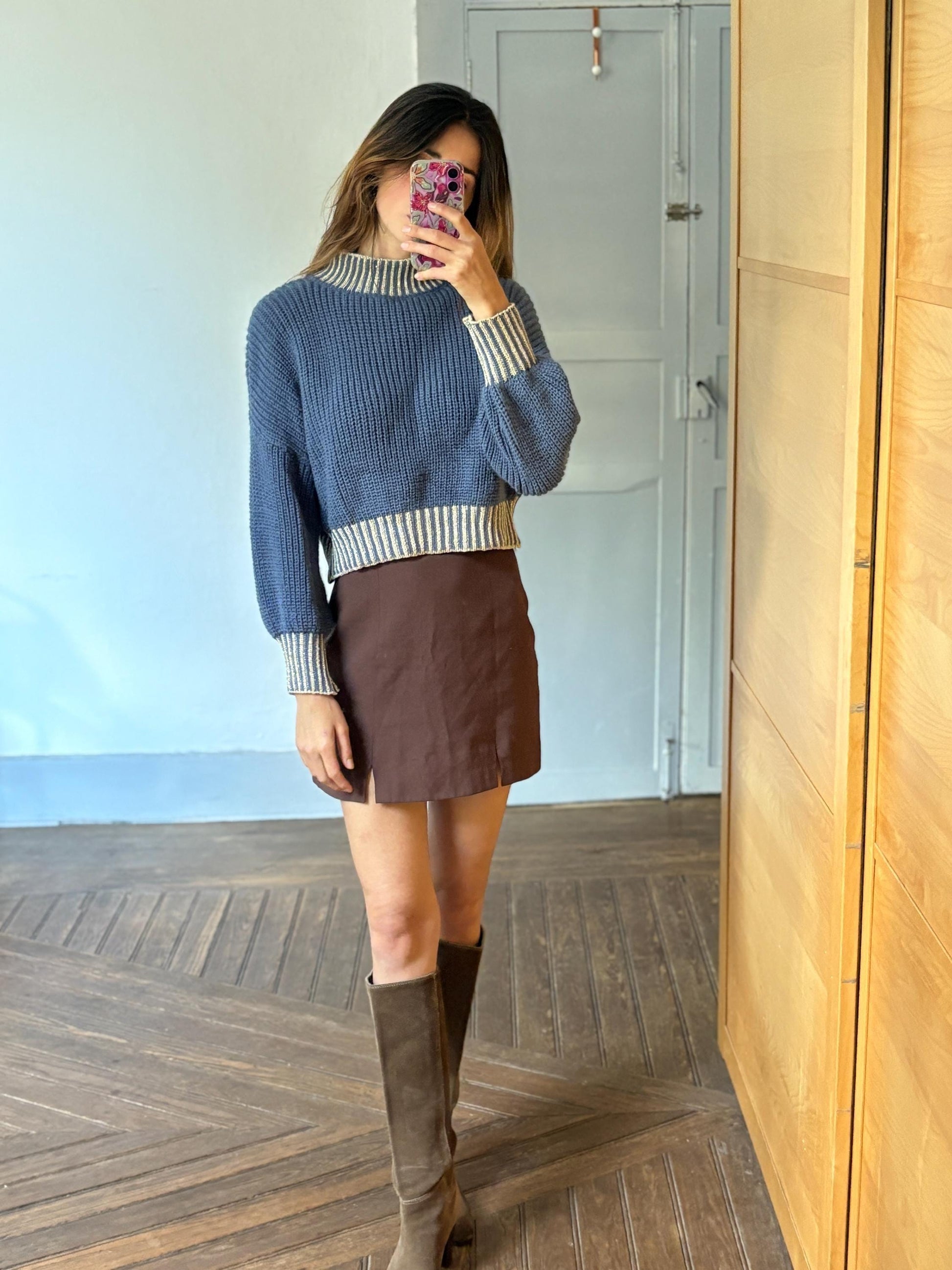 Vintage blue glitter turtleneck cropped jumper – made in italy, sparkly aesthetic knit, est. size l