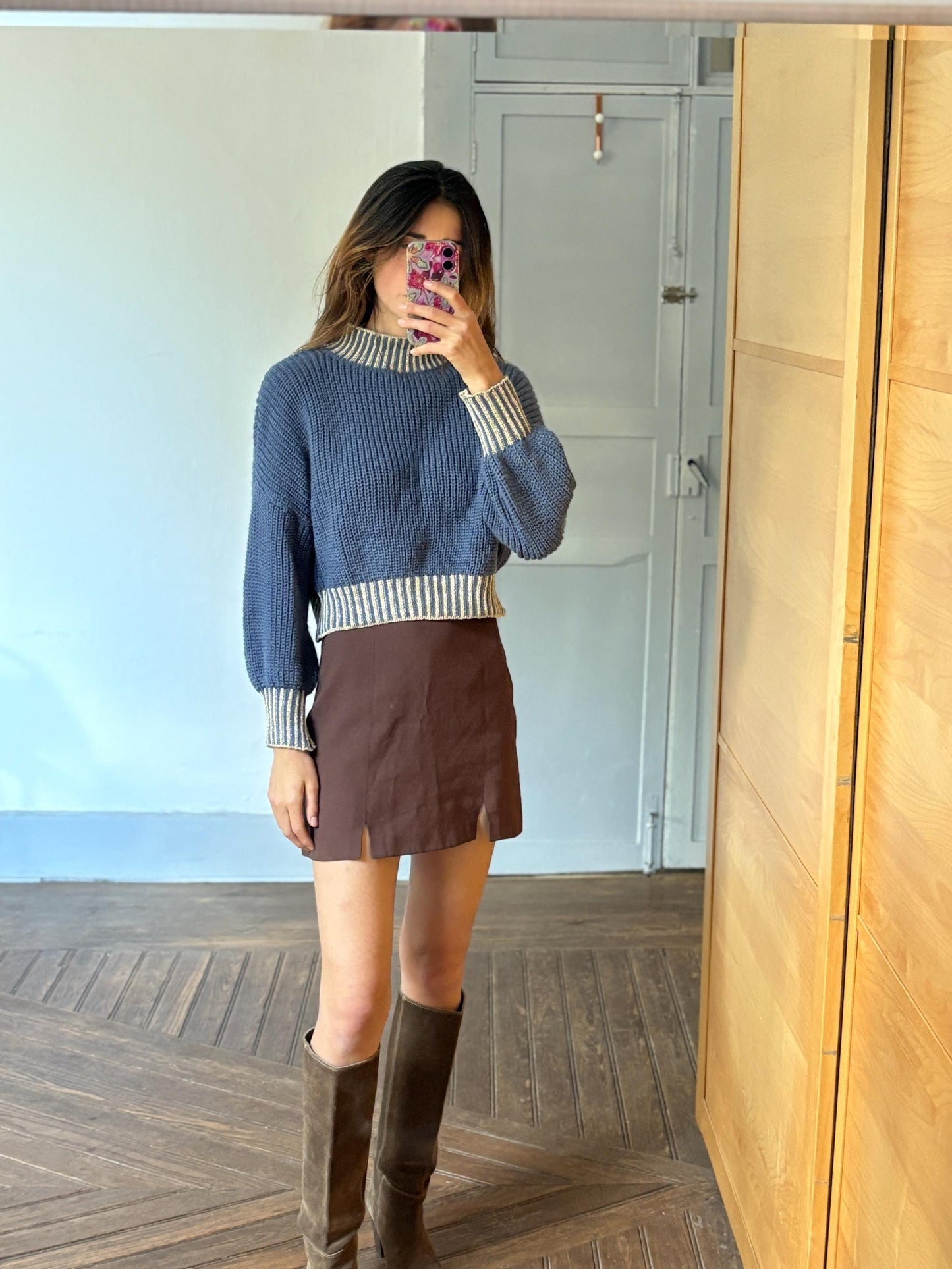 Vintage blue glitter turtleneck cropped jumper – made in italy, sparkly aesthetic knit, est. size l