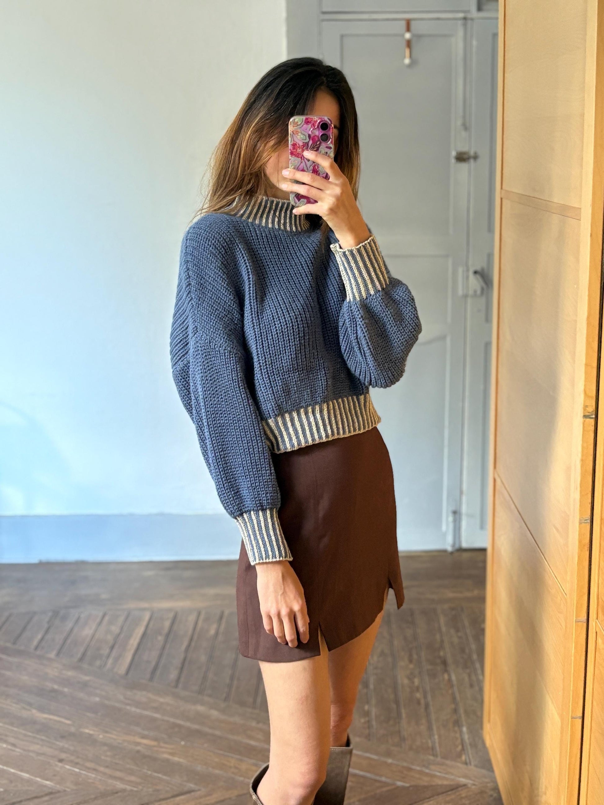 Vintage blue glitter turtleneck cropped jumper – made in italy, sparkly aesthetic knit, est. size l