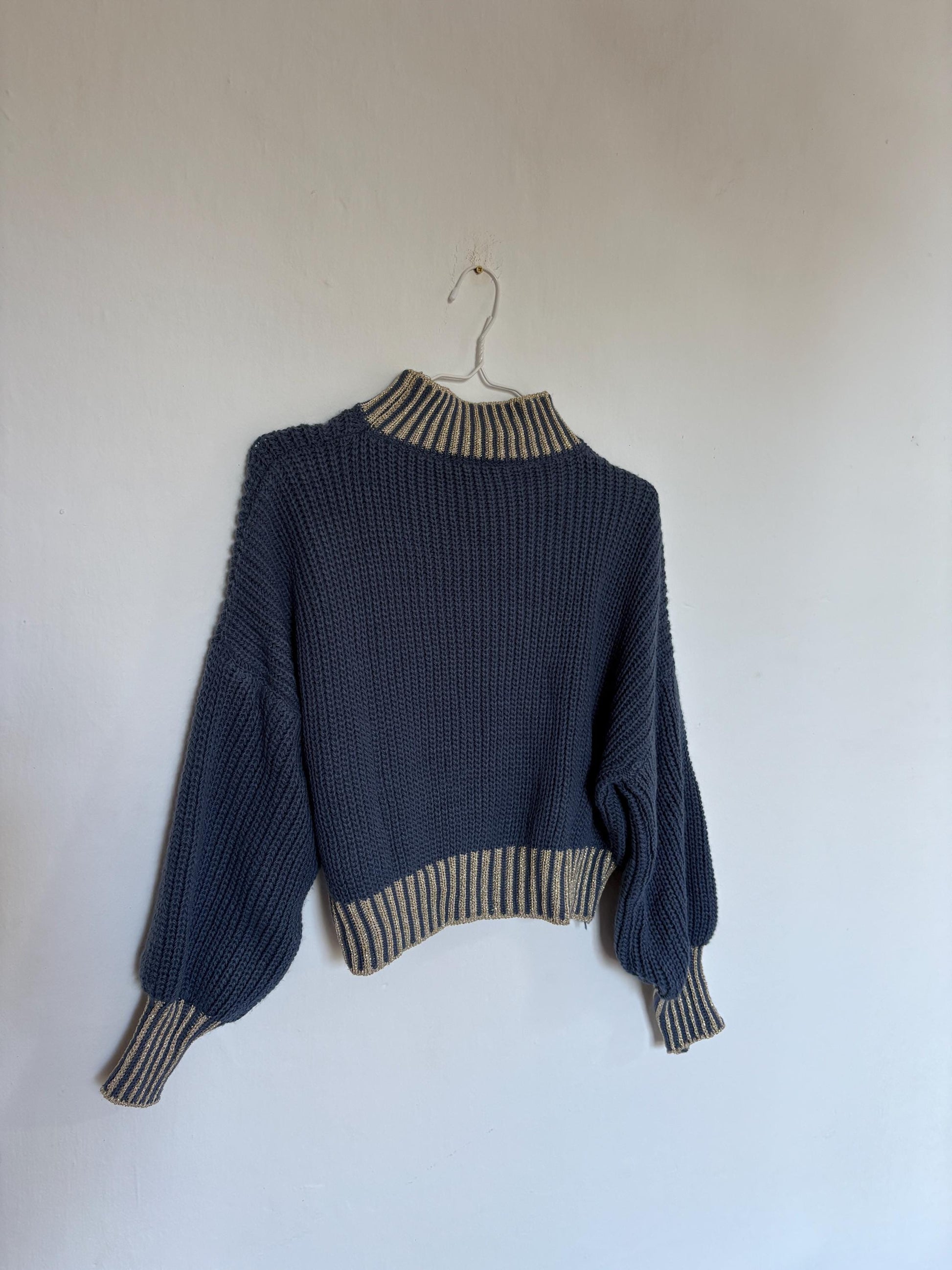 Vintage blue glitter turtleneck cropped jumper – made in italy, sparkly aesthetic knit, est. size l