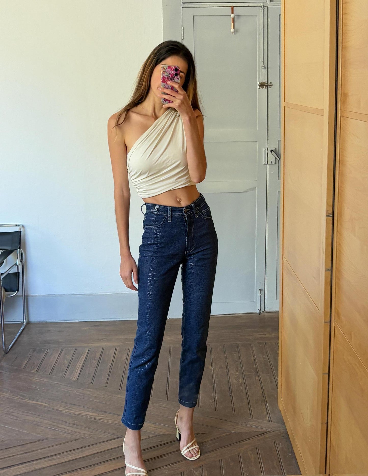 Vintage coppopera luxury textured jeans, snake leather style denim trousers, mid waist skinny jeans