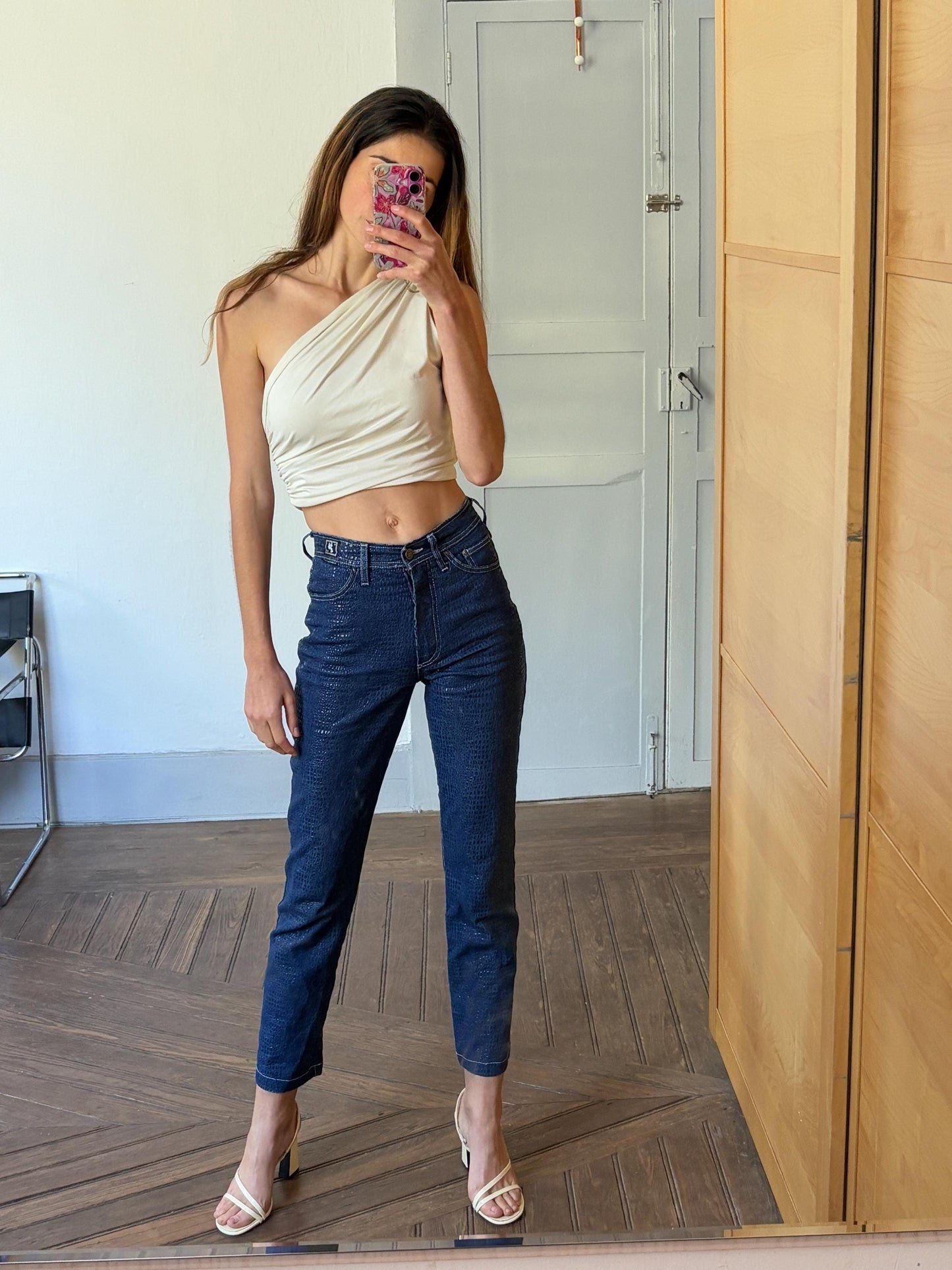 Vintage coppopera luxury textured jeans, snake leather style denim trousers, mid waist skinny jeans