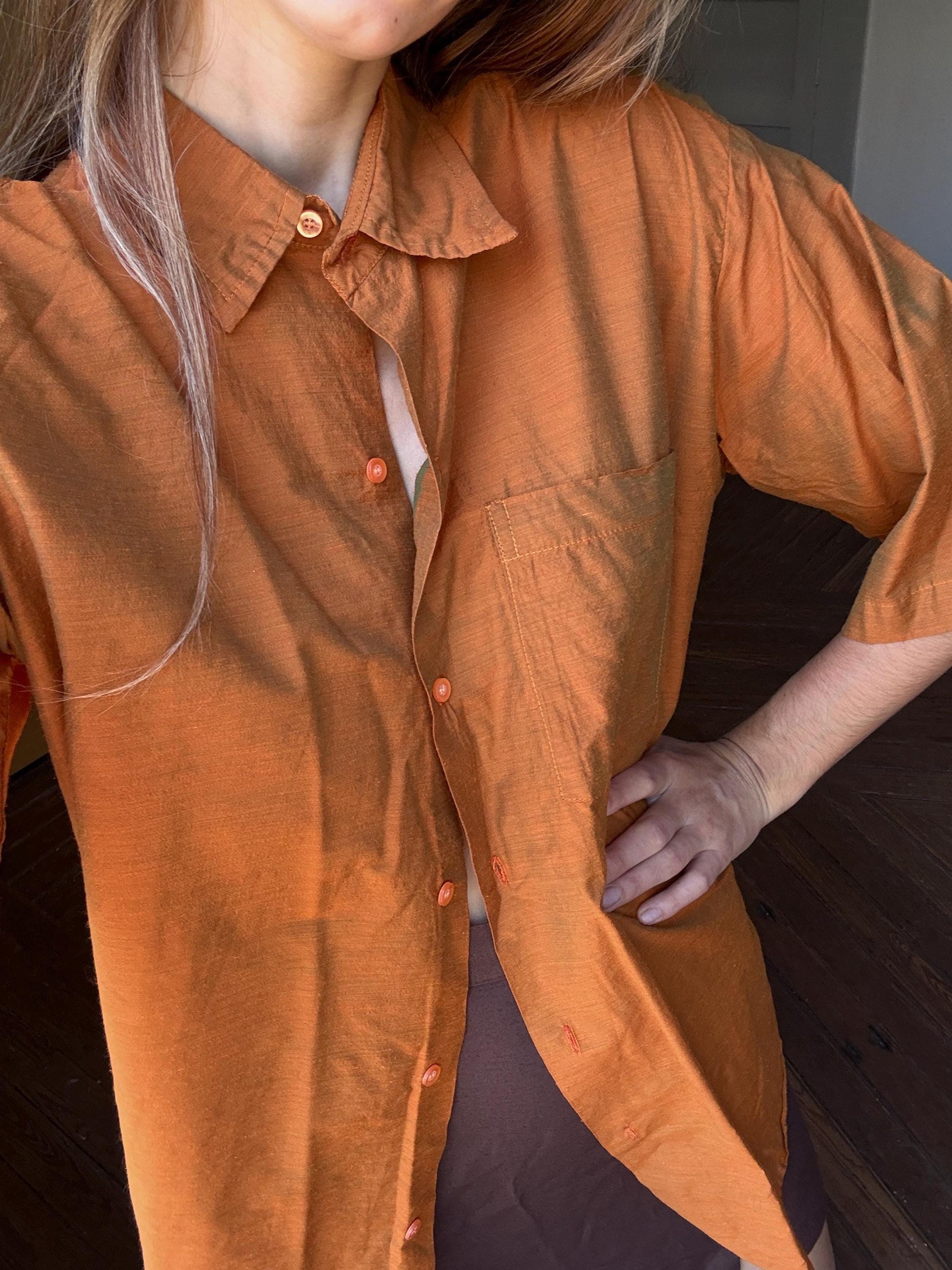Vintage rust orange men's button up shirt, retro special glossy men oxford blouse
